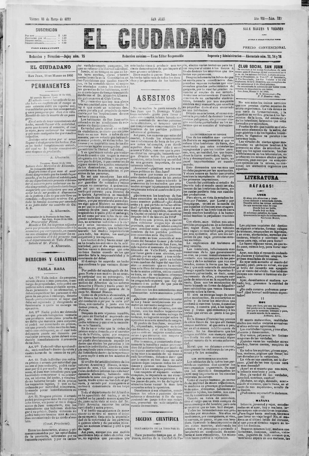 Portada · 18 de Marzo de 1892