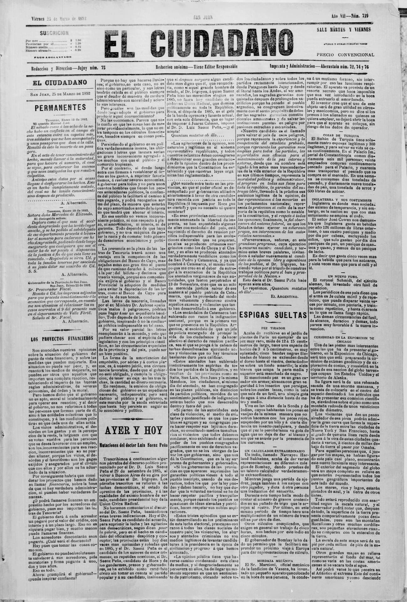 Portada · 25 de Marzo de 1892