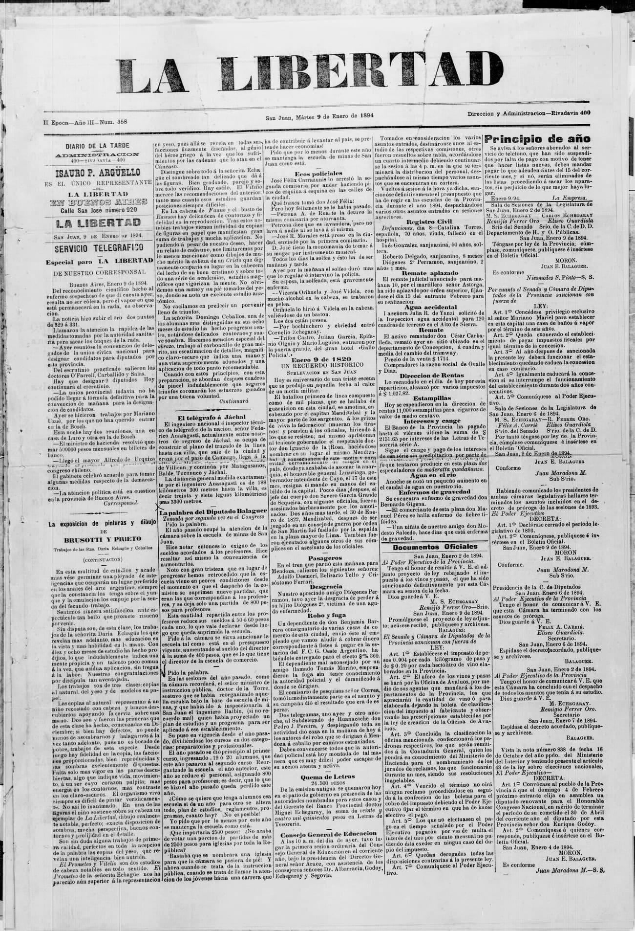 Portada · 9 de Enero de 1894