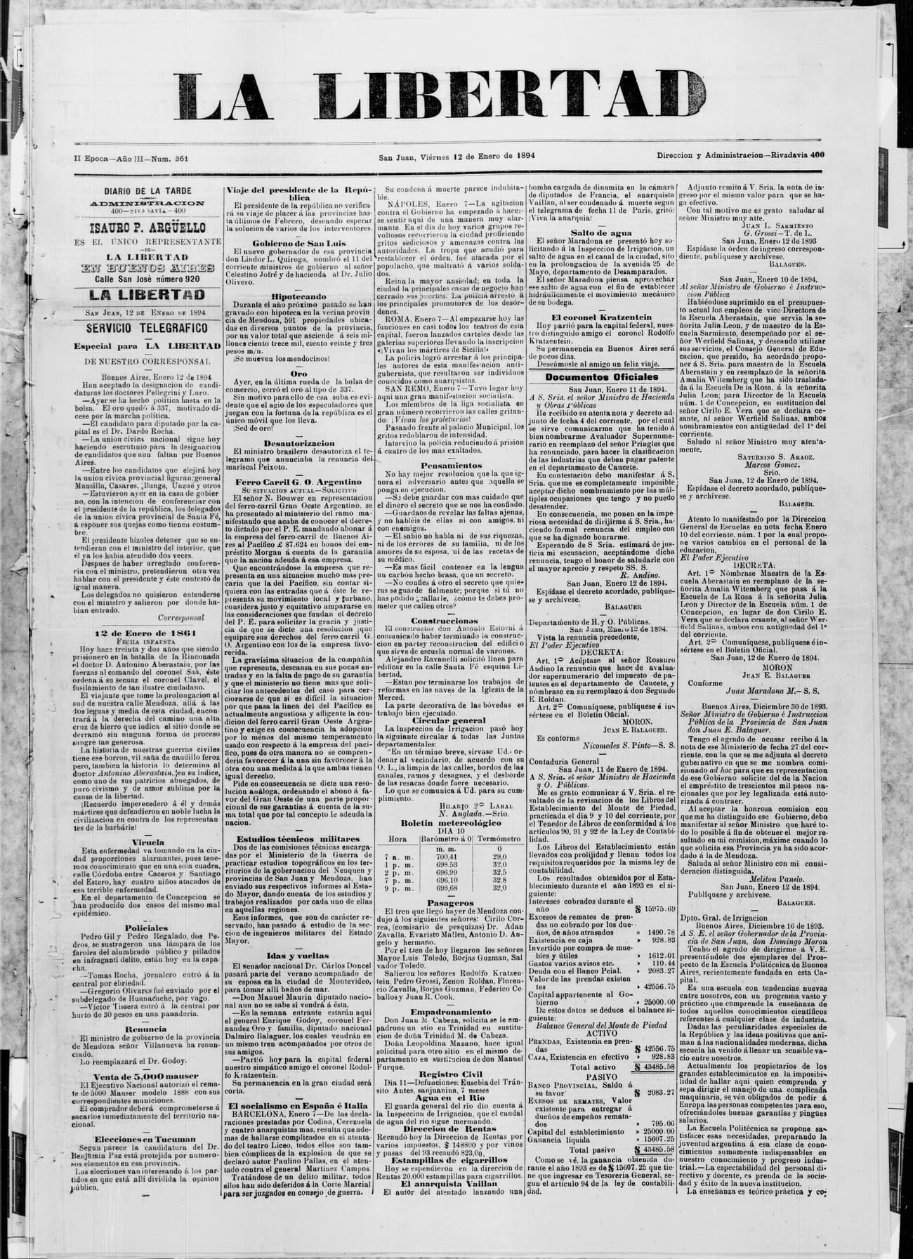 Portada · 12 de Enero de 1894