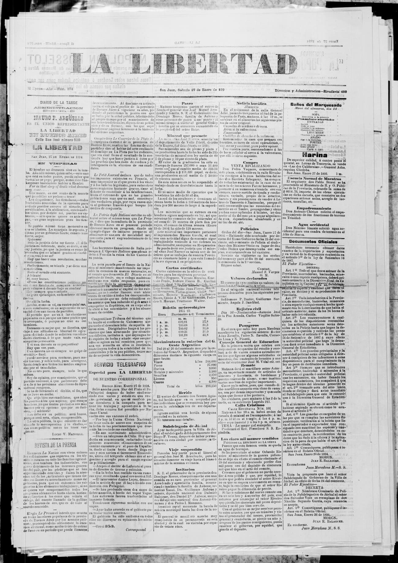 Portada · 27 de Enero de 1894