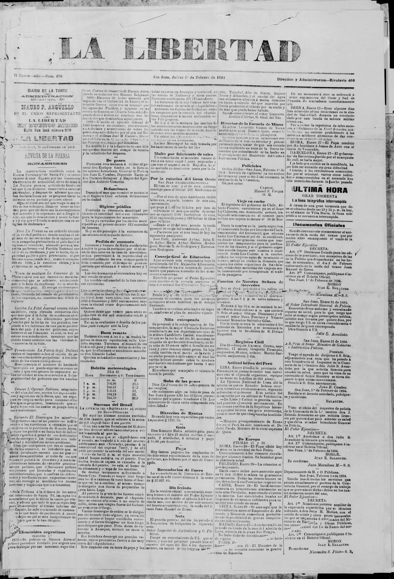 Portada · 1 de Febrero de 1894
