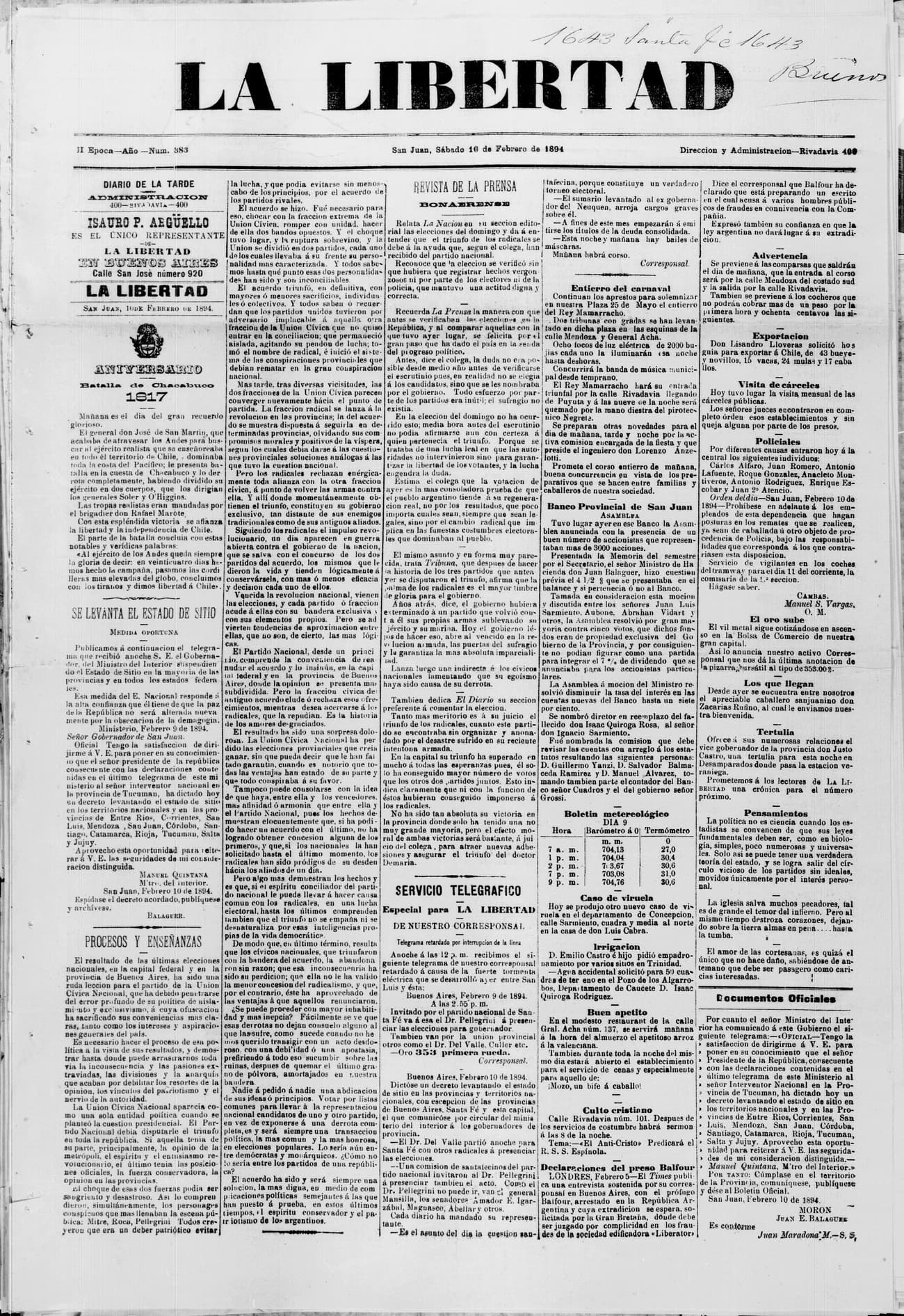 Portada · 10 de Febrero de 1894