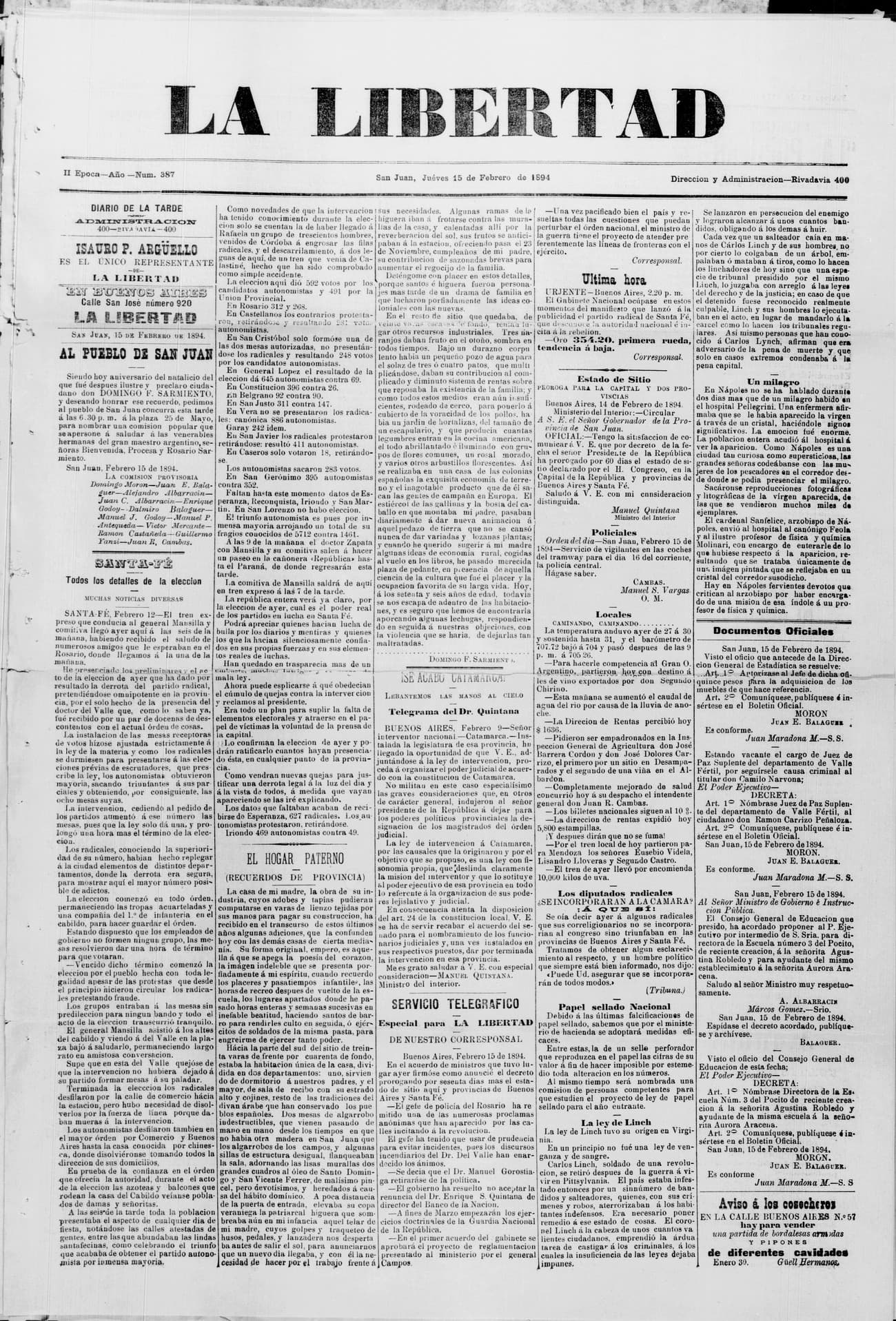 Portada · 15 de Febrero de 1894