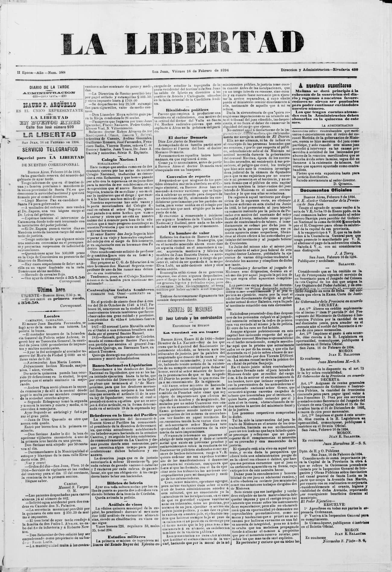Portada · 16 de Febrero de 1894