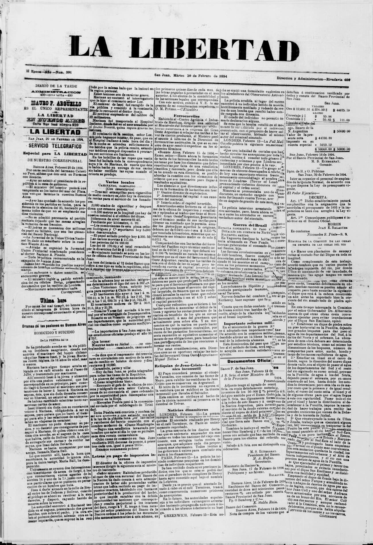 Portada · 20 de Febrero de 1894