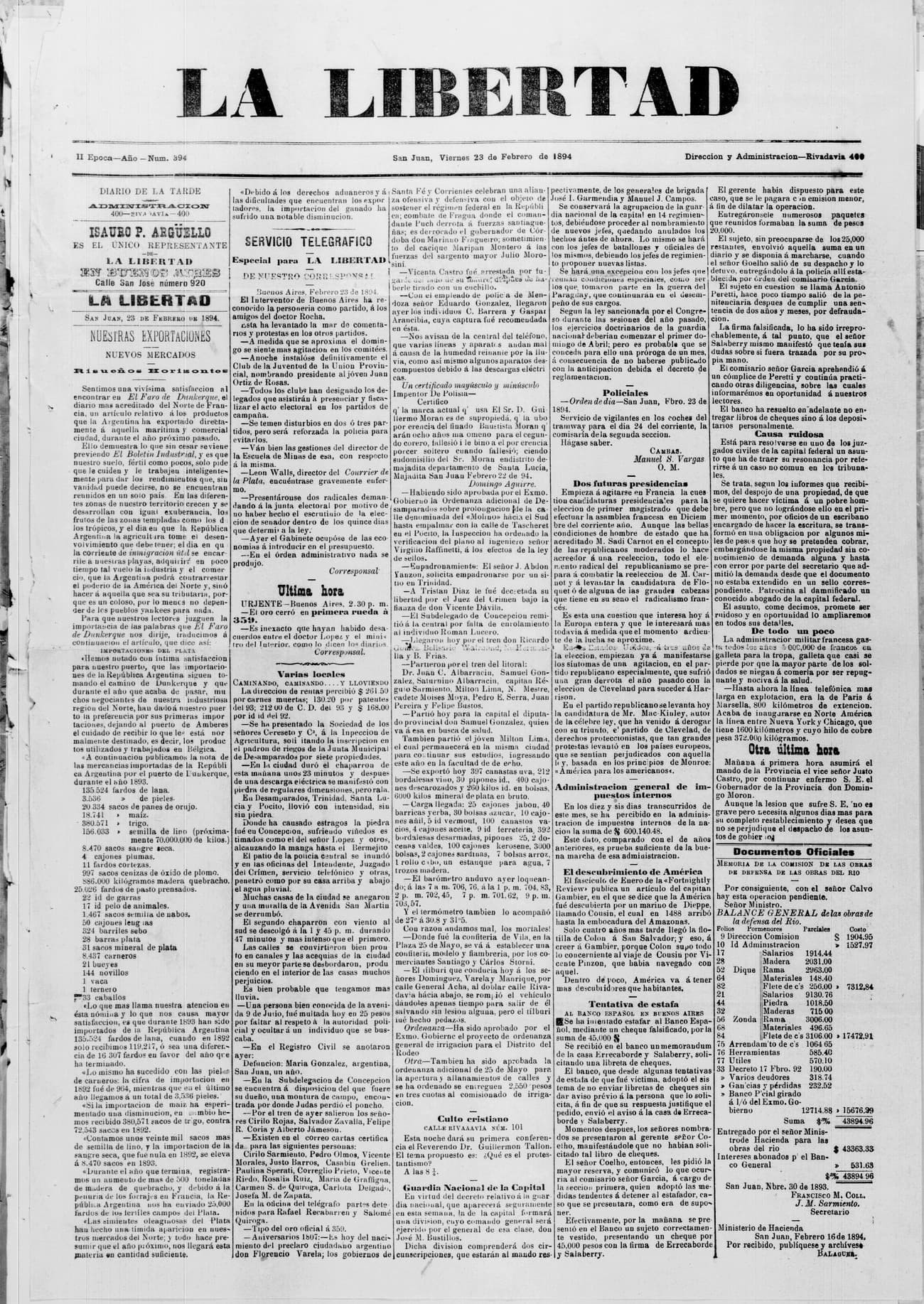 Portada · 23 de Febrero de 1894