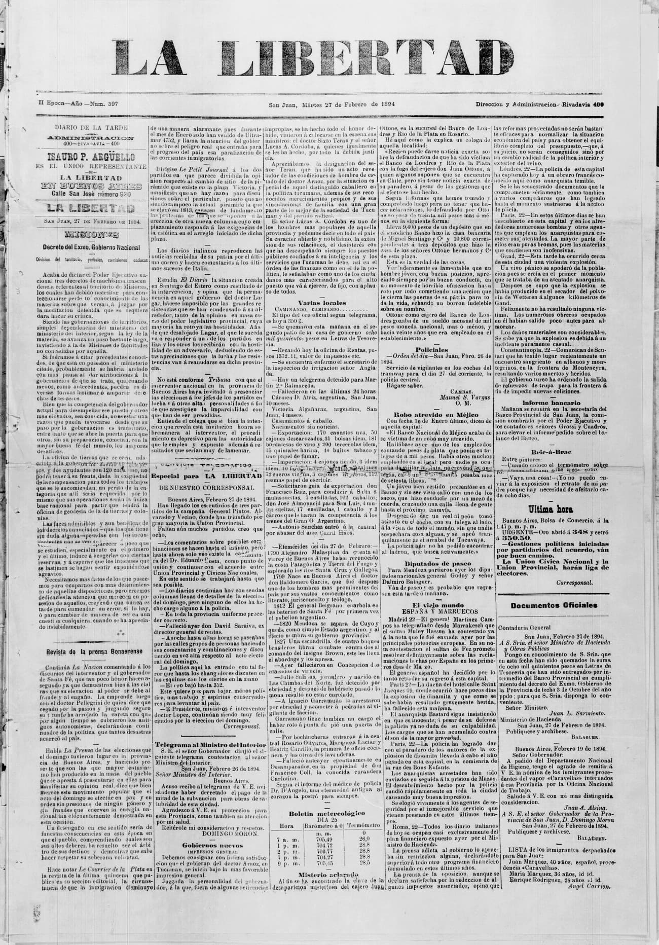 Portada · 27 de Febrero de 1894