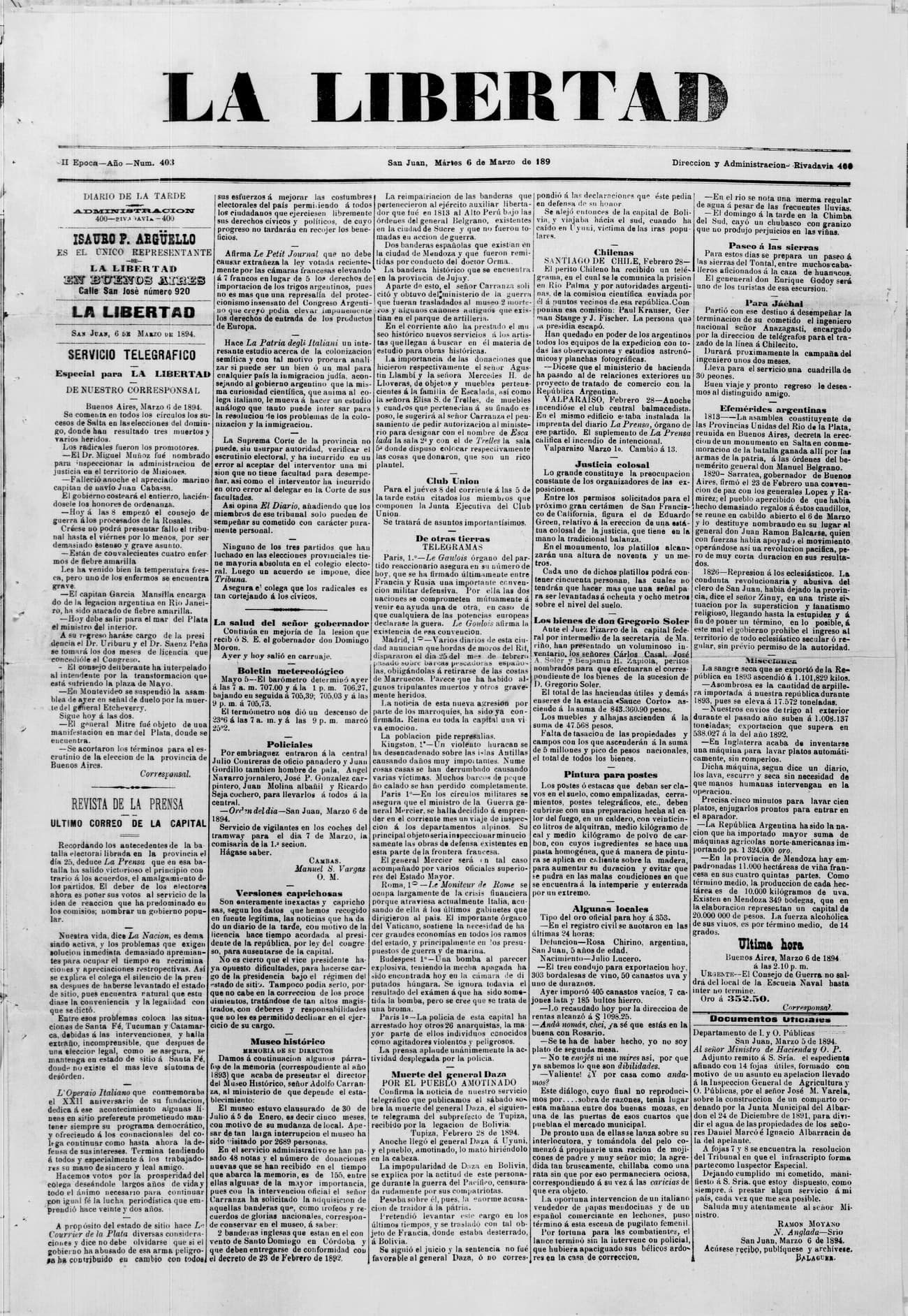 Portada · 6 de Marzo de 1894