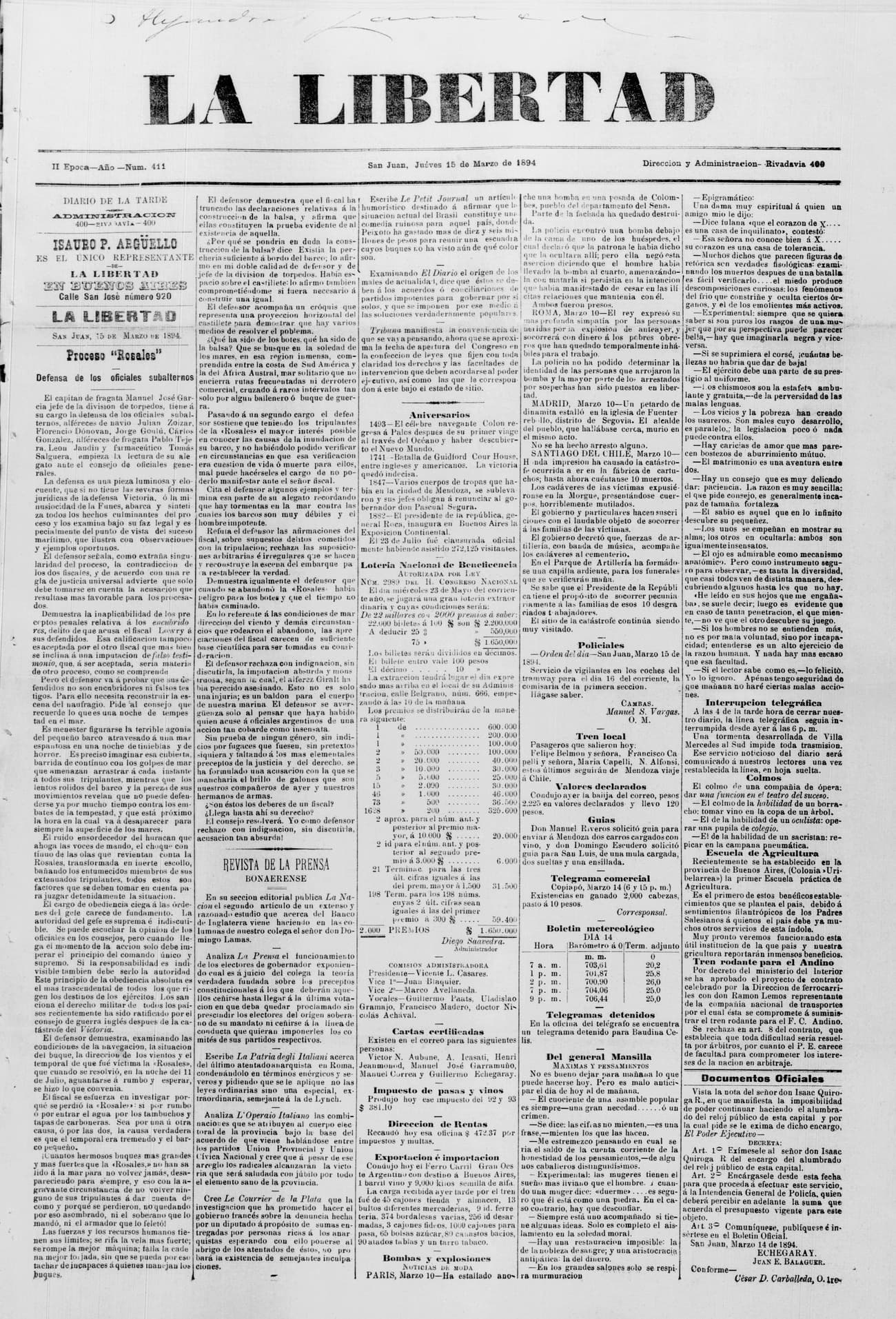 Portada · 15 de Marzo de 1894
