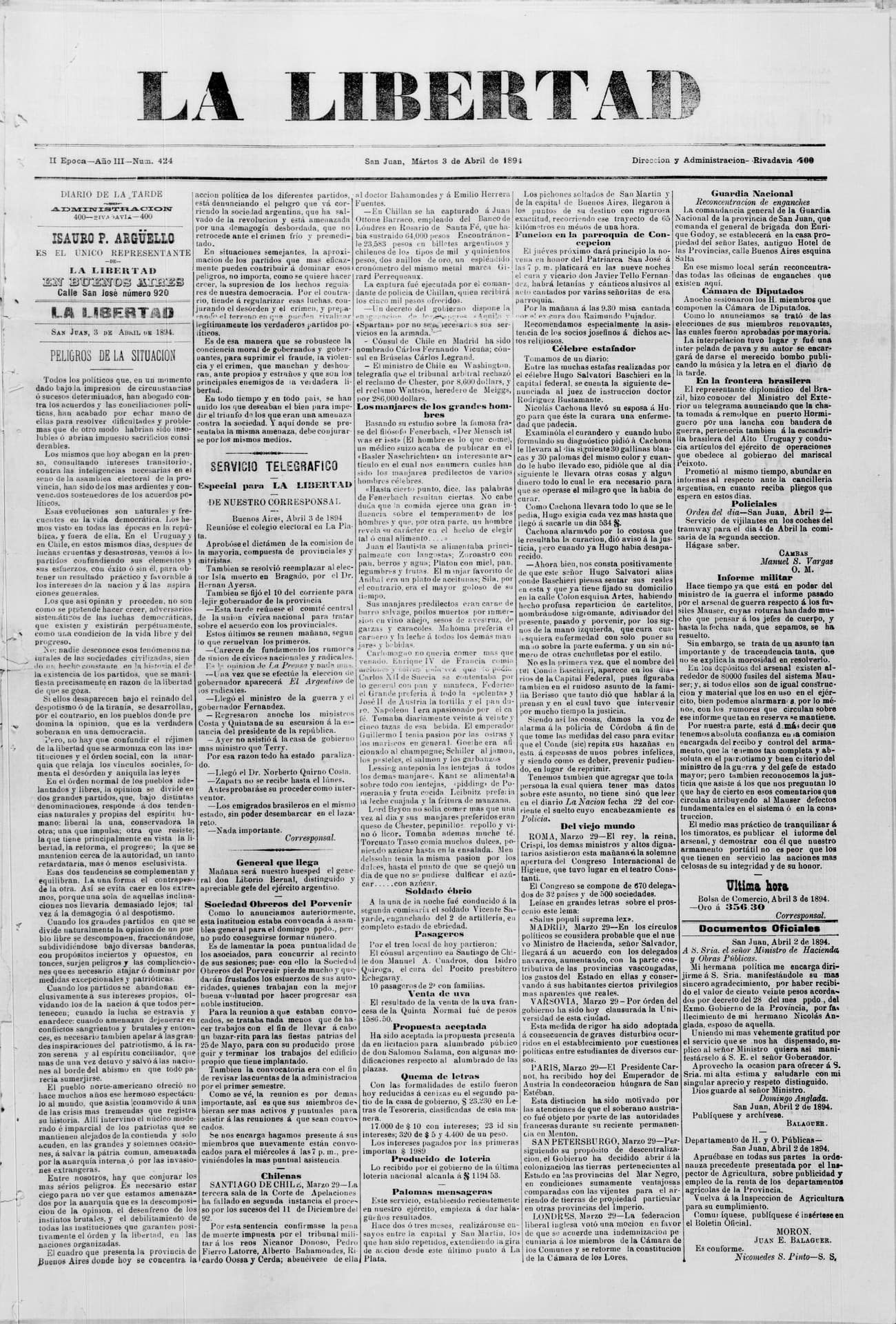 Portada · 3 de Abril de 1894