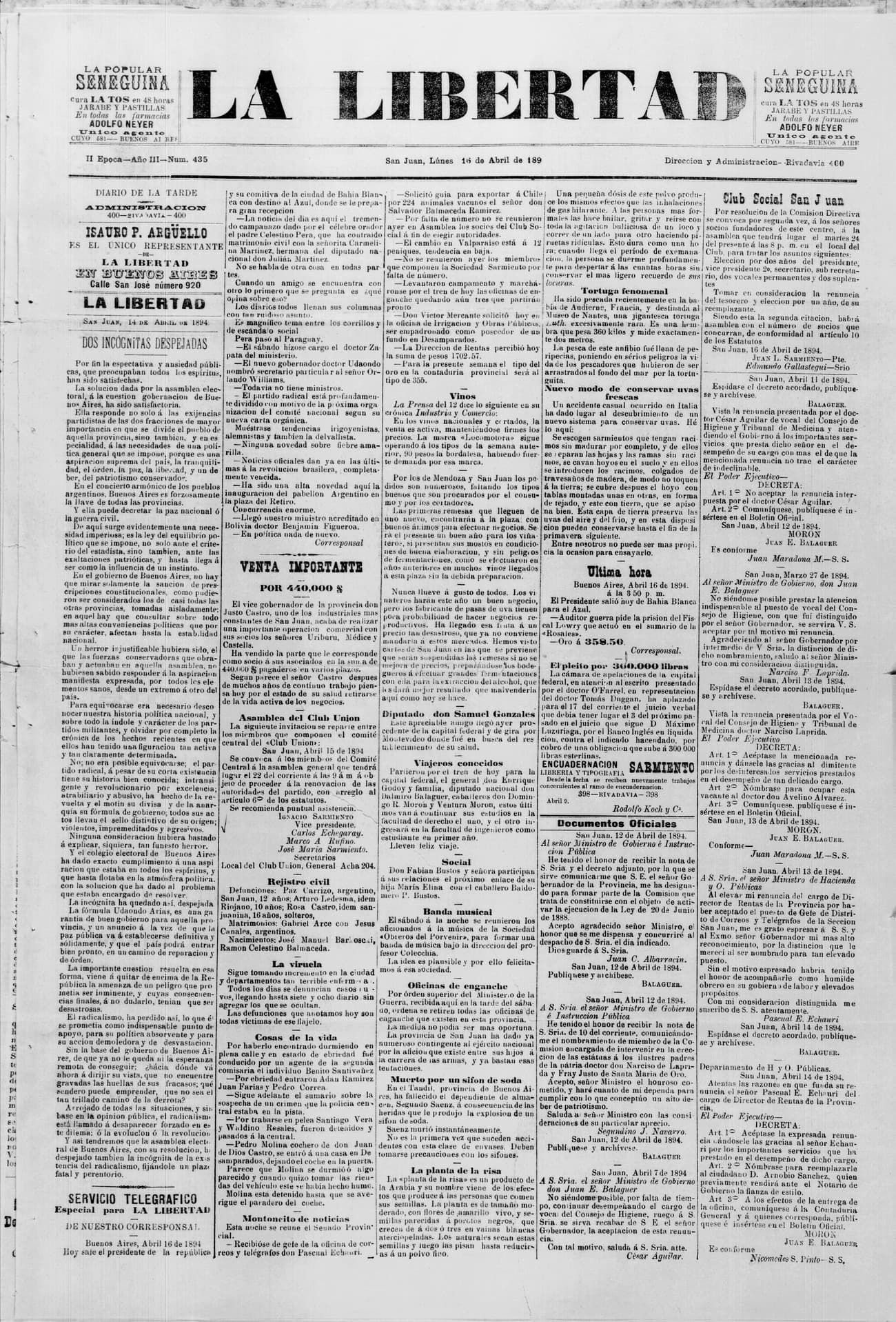 Portada · 16 de Abril de 1894