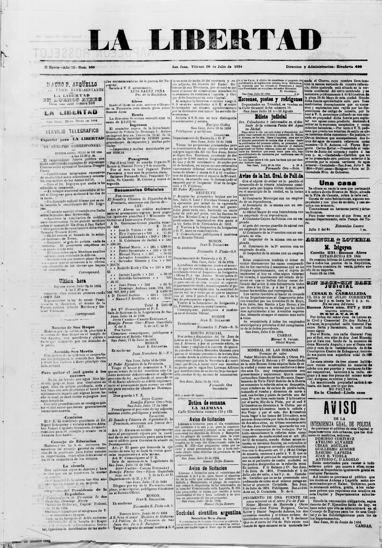 Portada · 20 de Julio de 1894