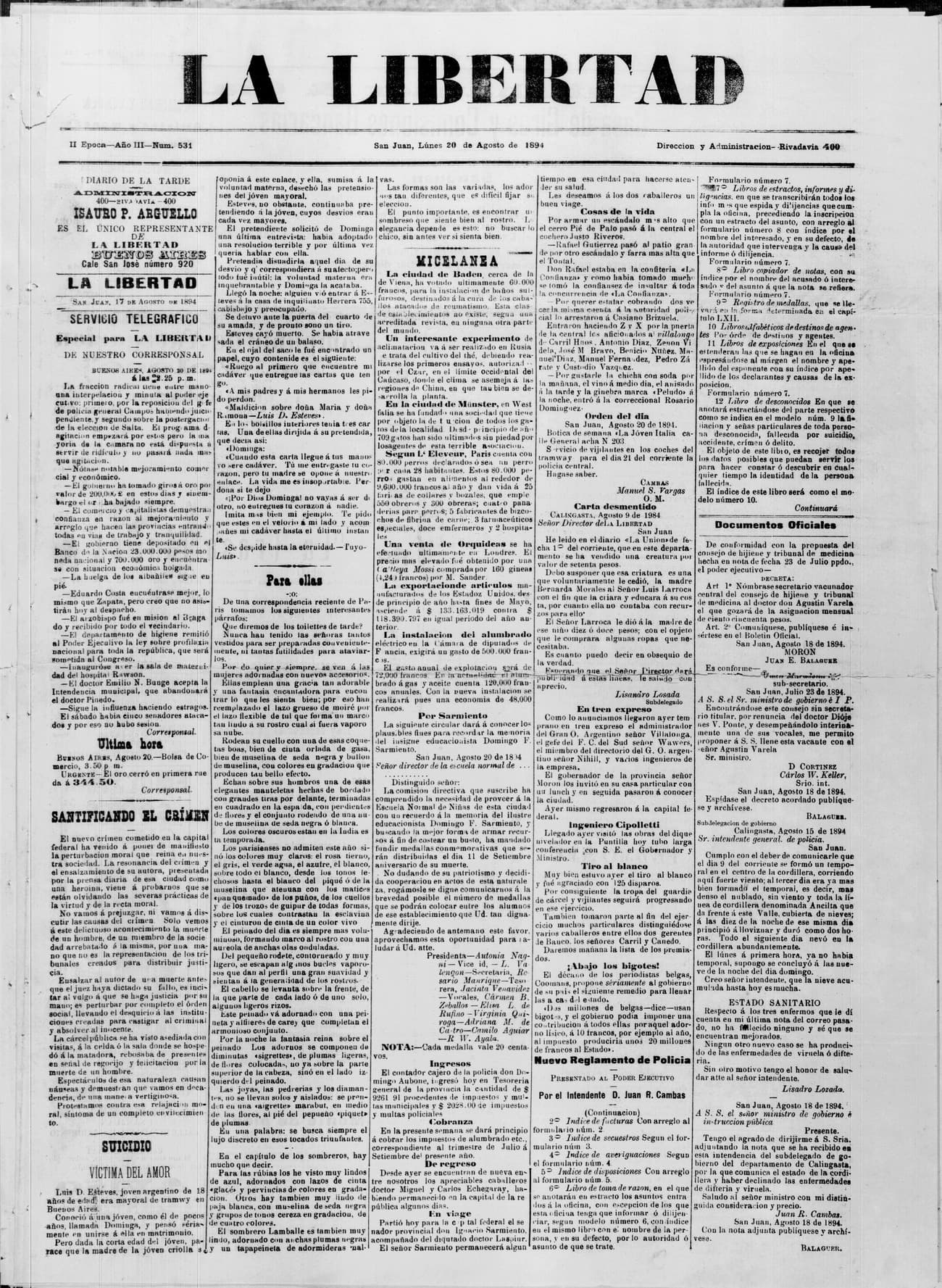 Portada · 20 de Agosto de 1894
