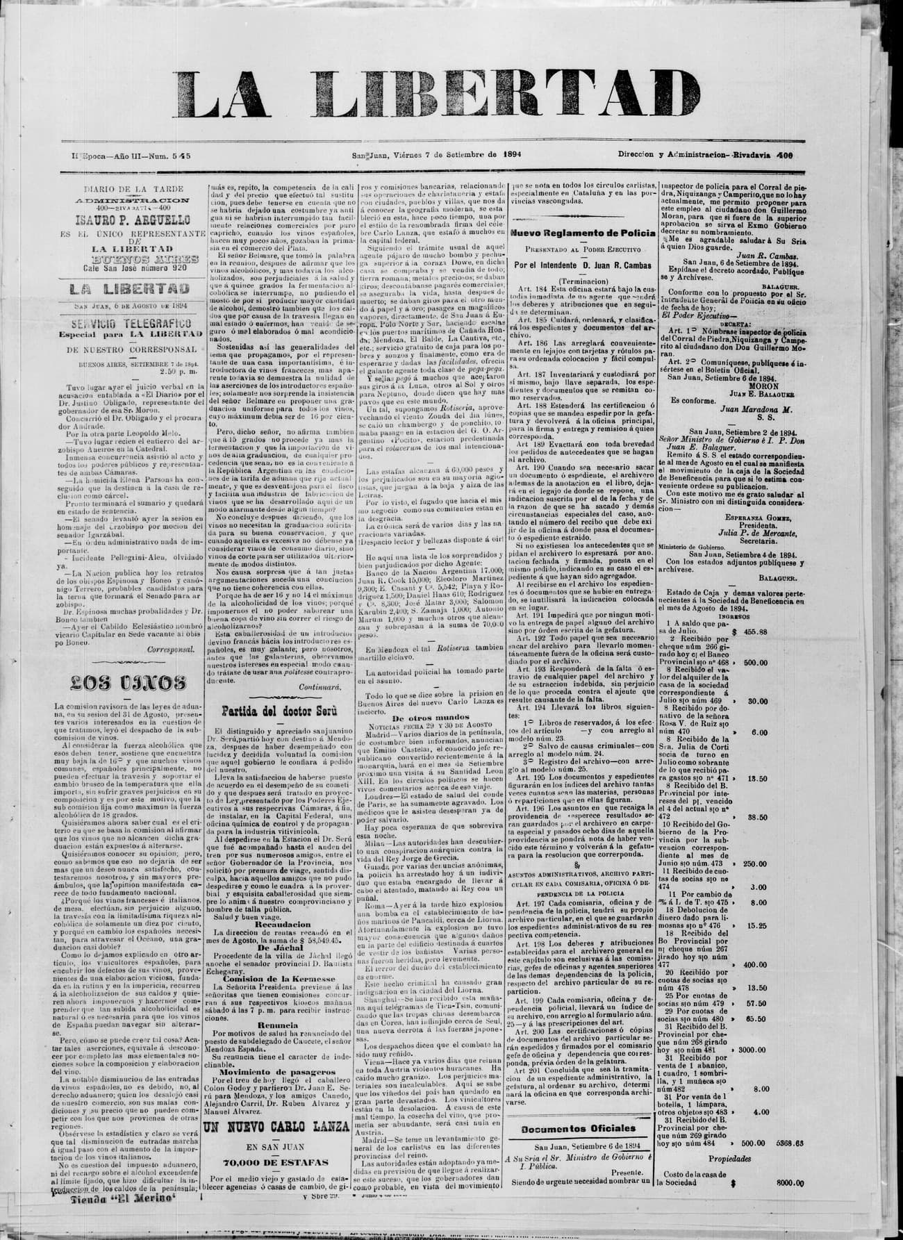 Portada · 7 de Septiembre de 1894