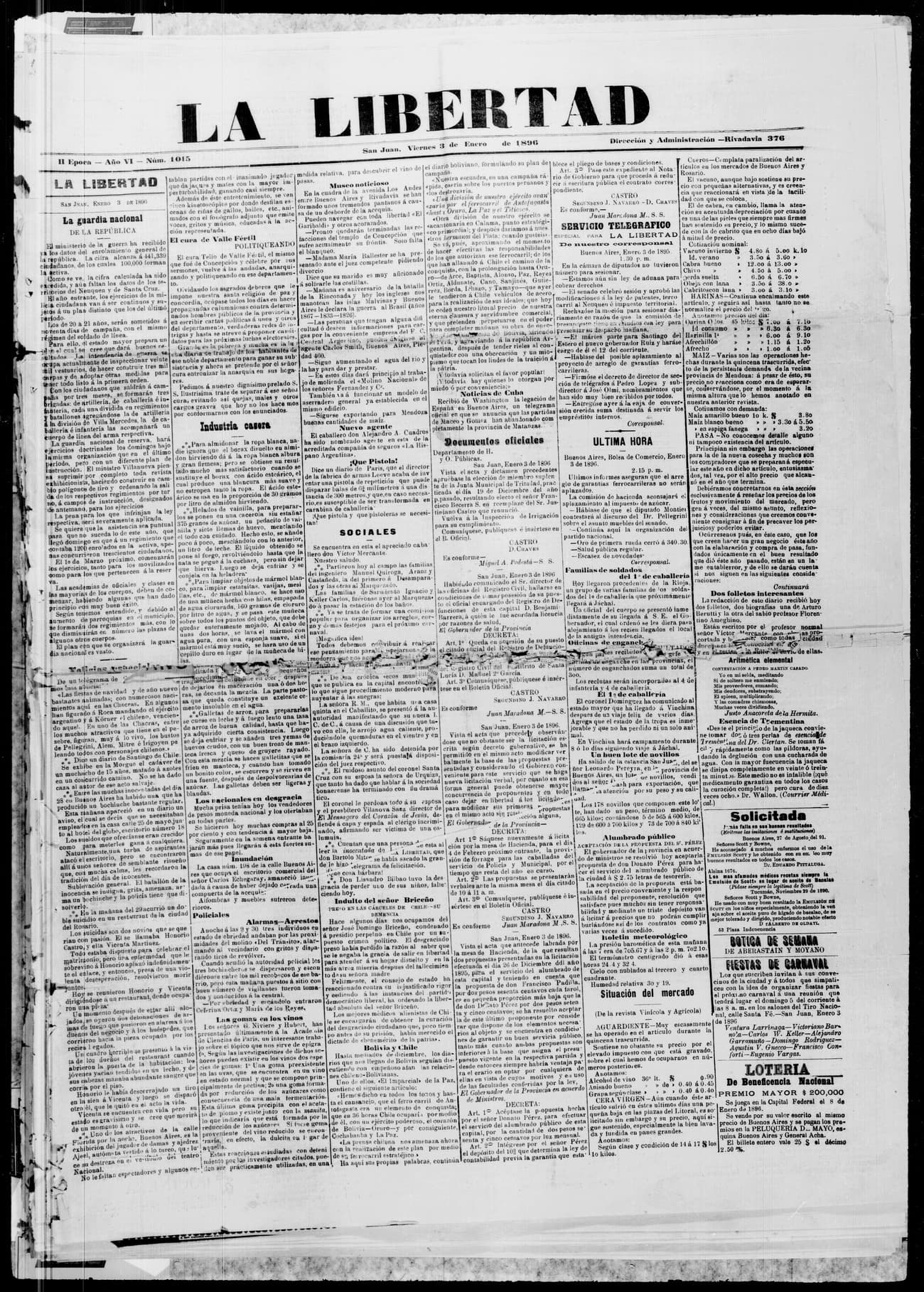 Portada · 3 de Enero de 1896