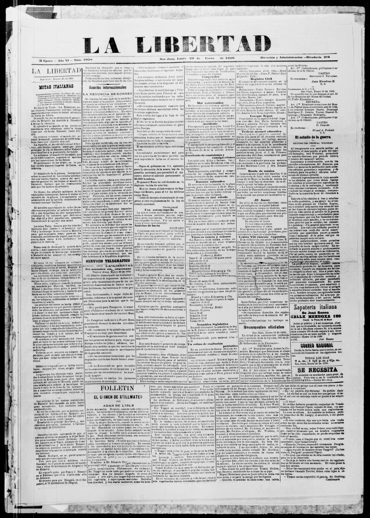 Portada · 20 de Enero de 1896