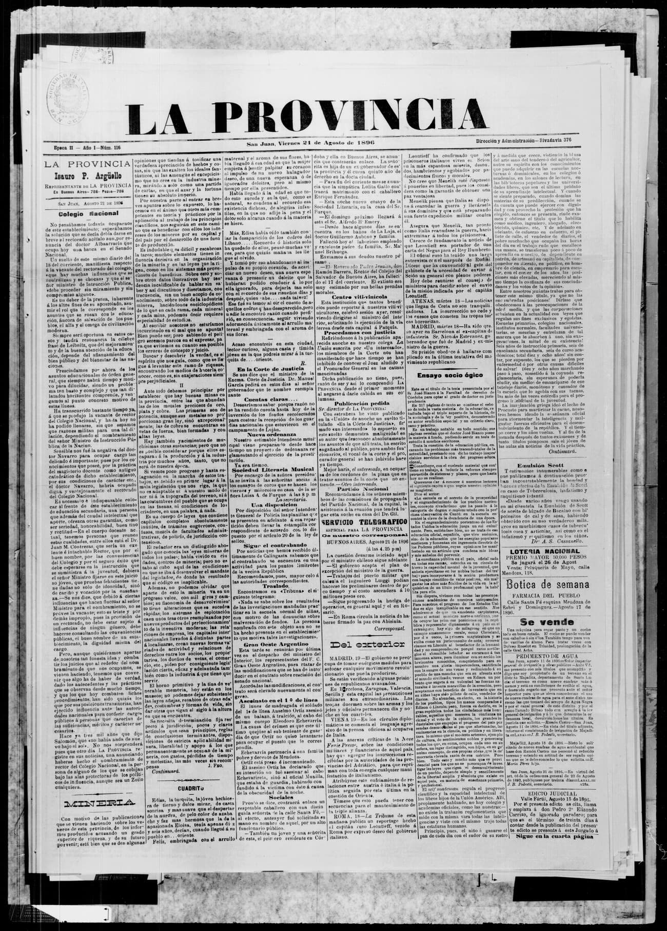 Portada · 21 de Agosto de 1896