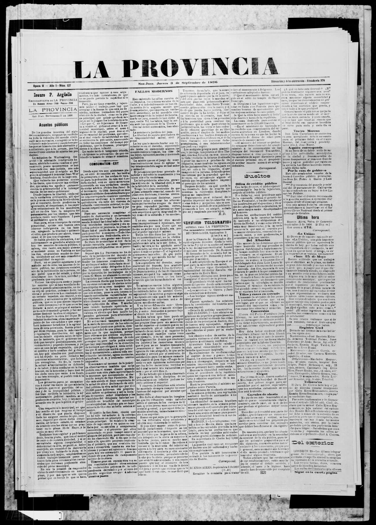 Portada · 3 de Septiembre de 1896