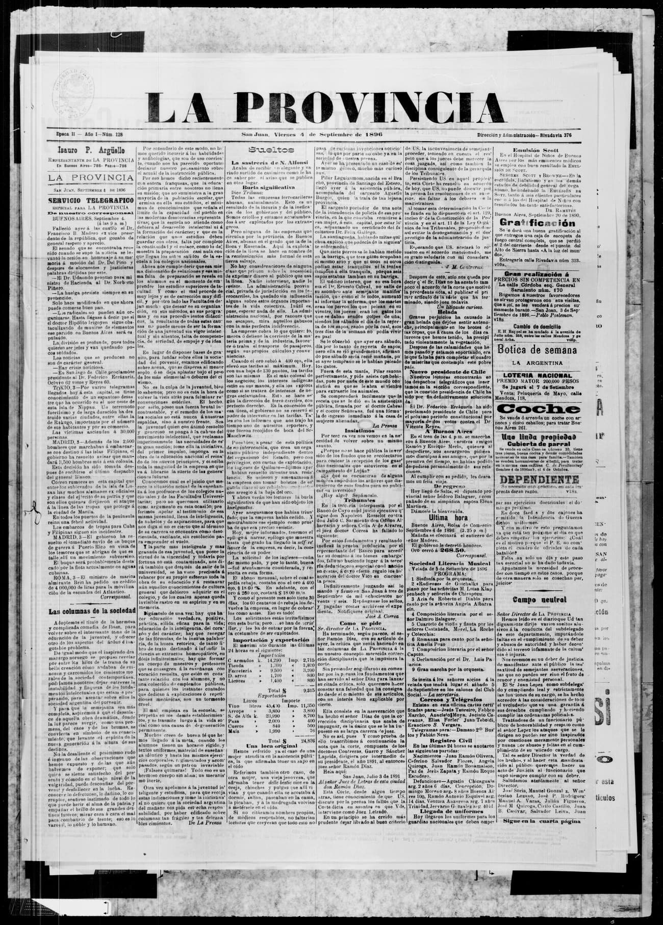 Portada · 4 de Septiembre de 1896