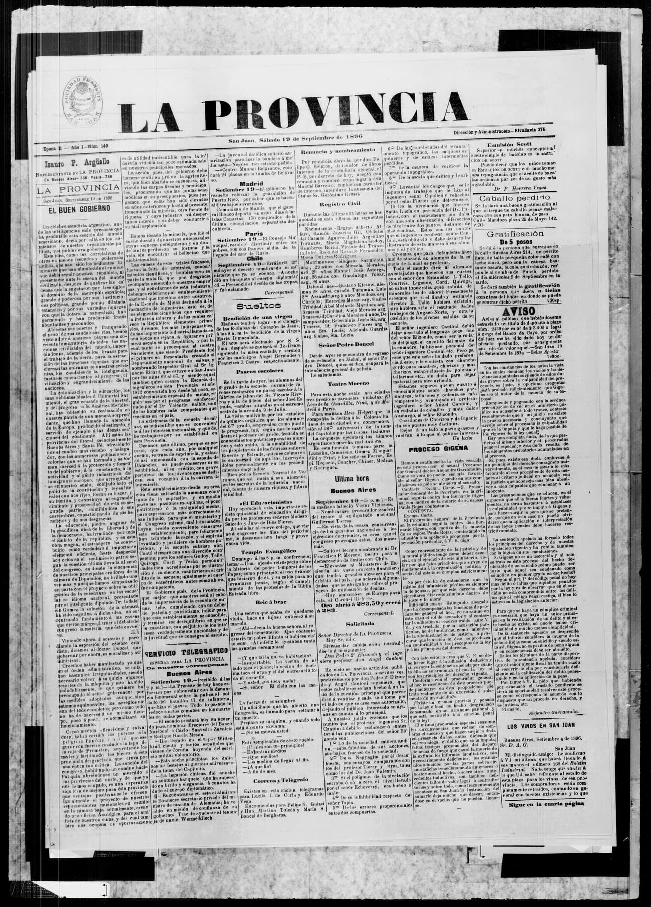 Portada · 19 de Septiembre de 1896