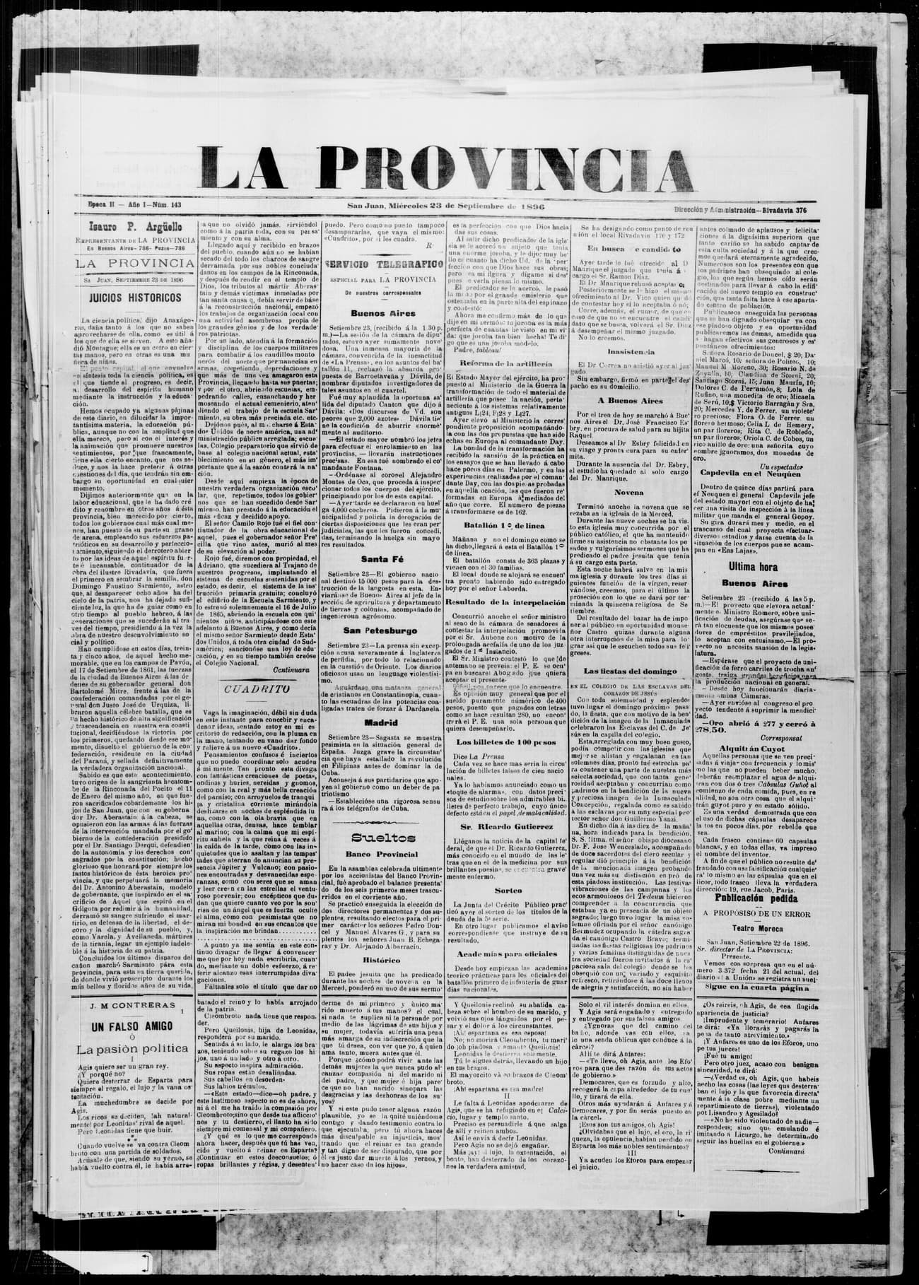 Portada · 23 de Septiembre de 1896