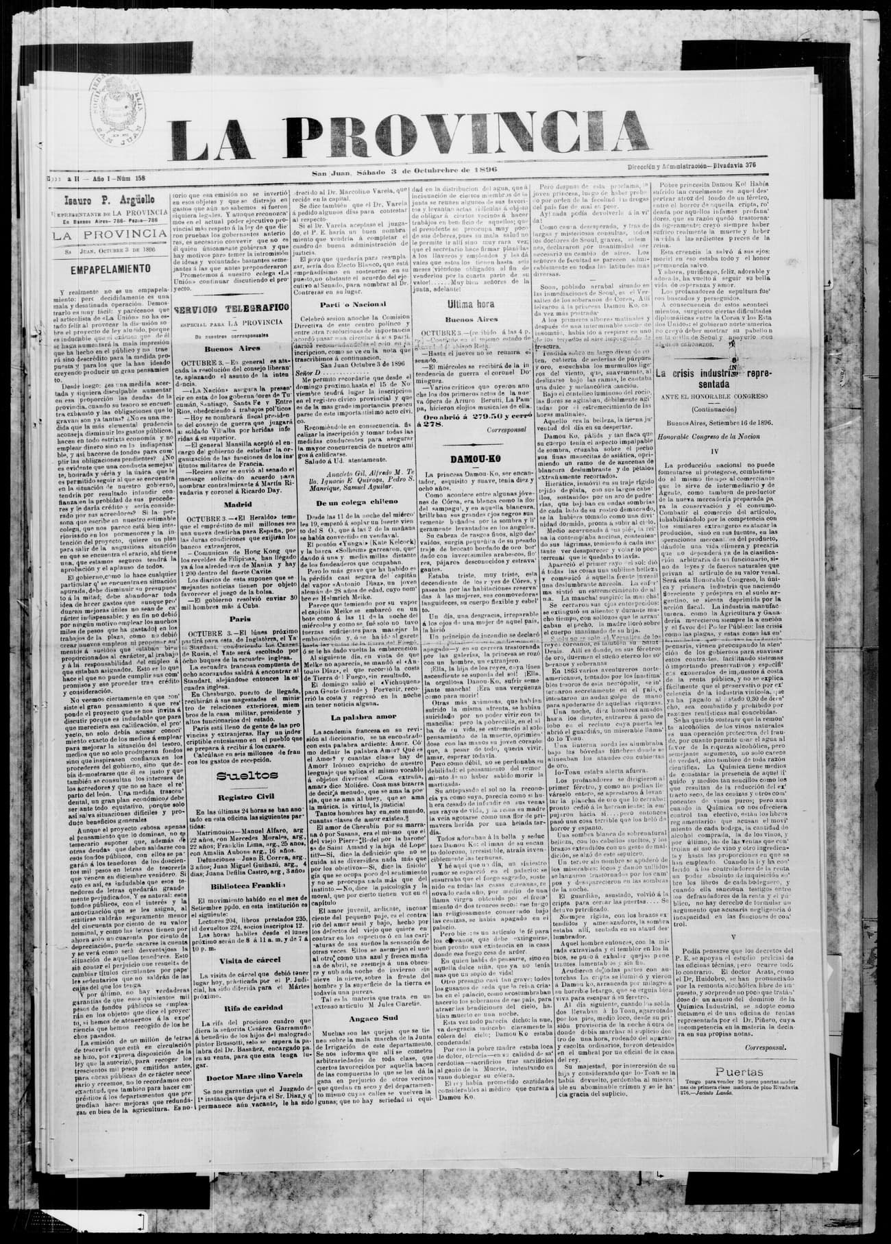 Portada · 3 de Octubre de 1896