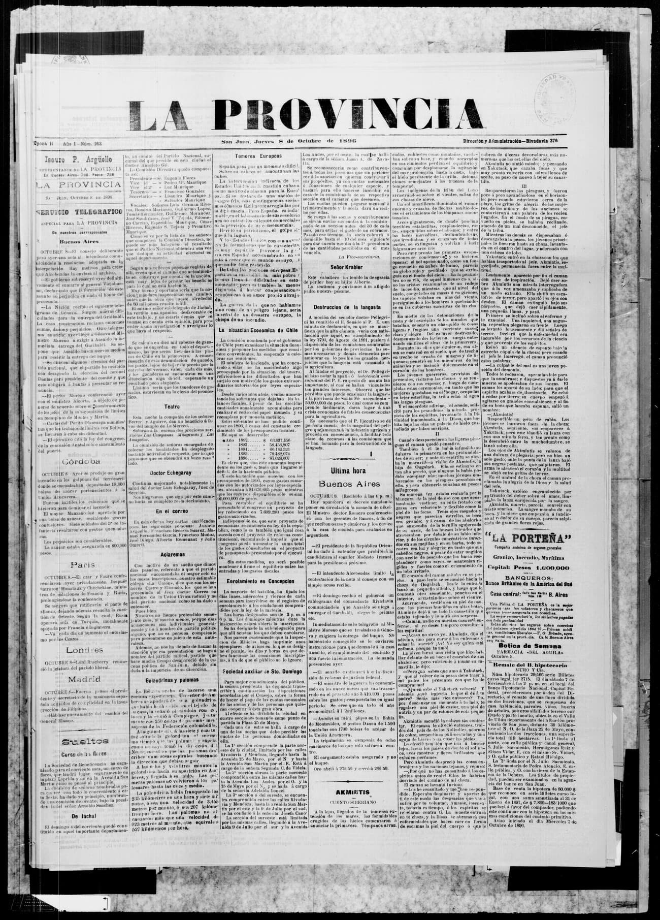 Portada · 8 de Octubre de 1896