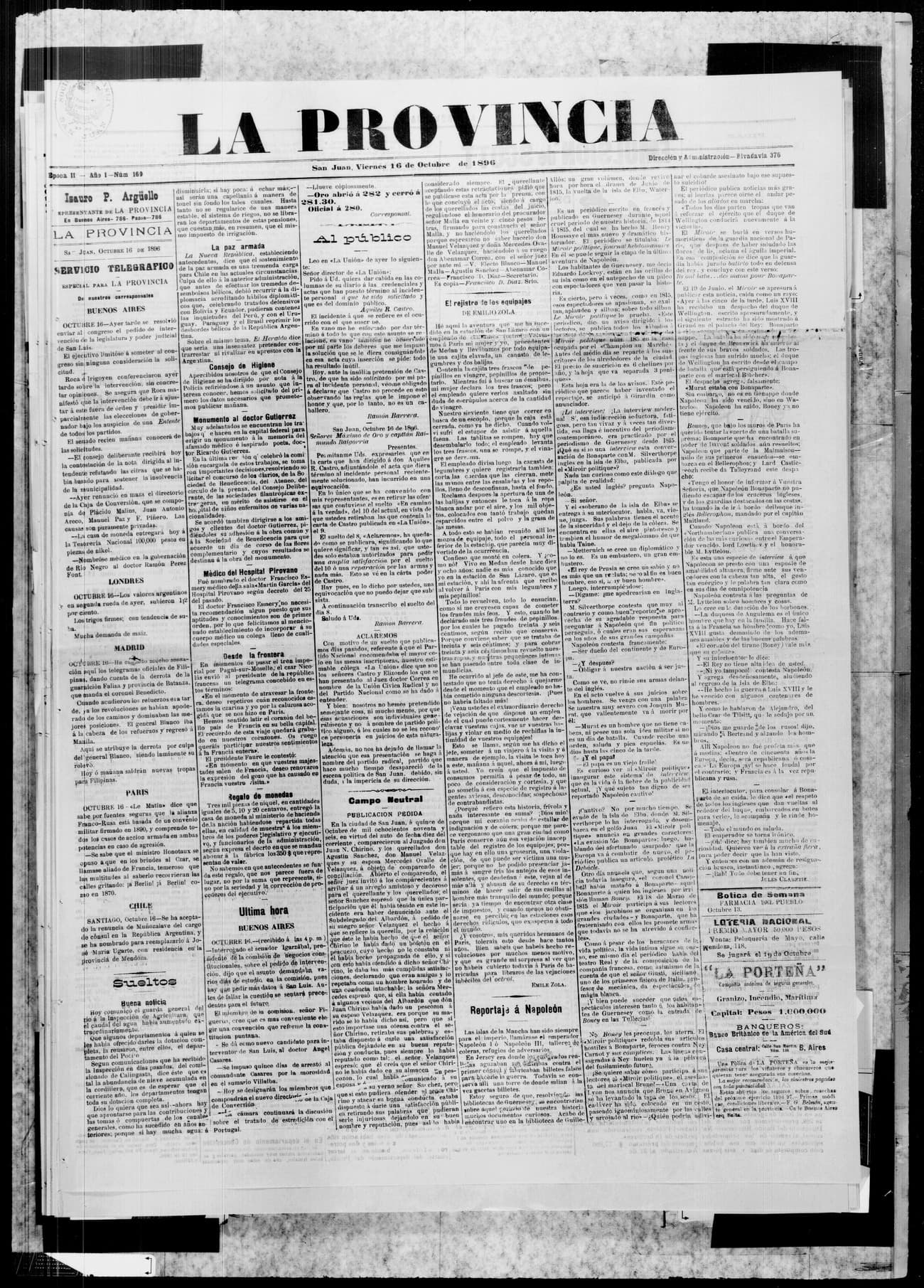 Portada · 16 de Octubre de 1896