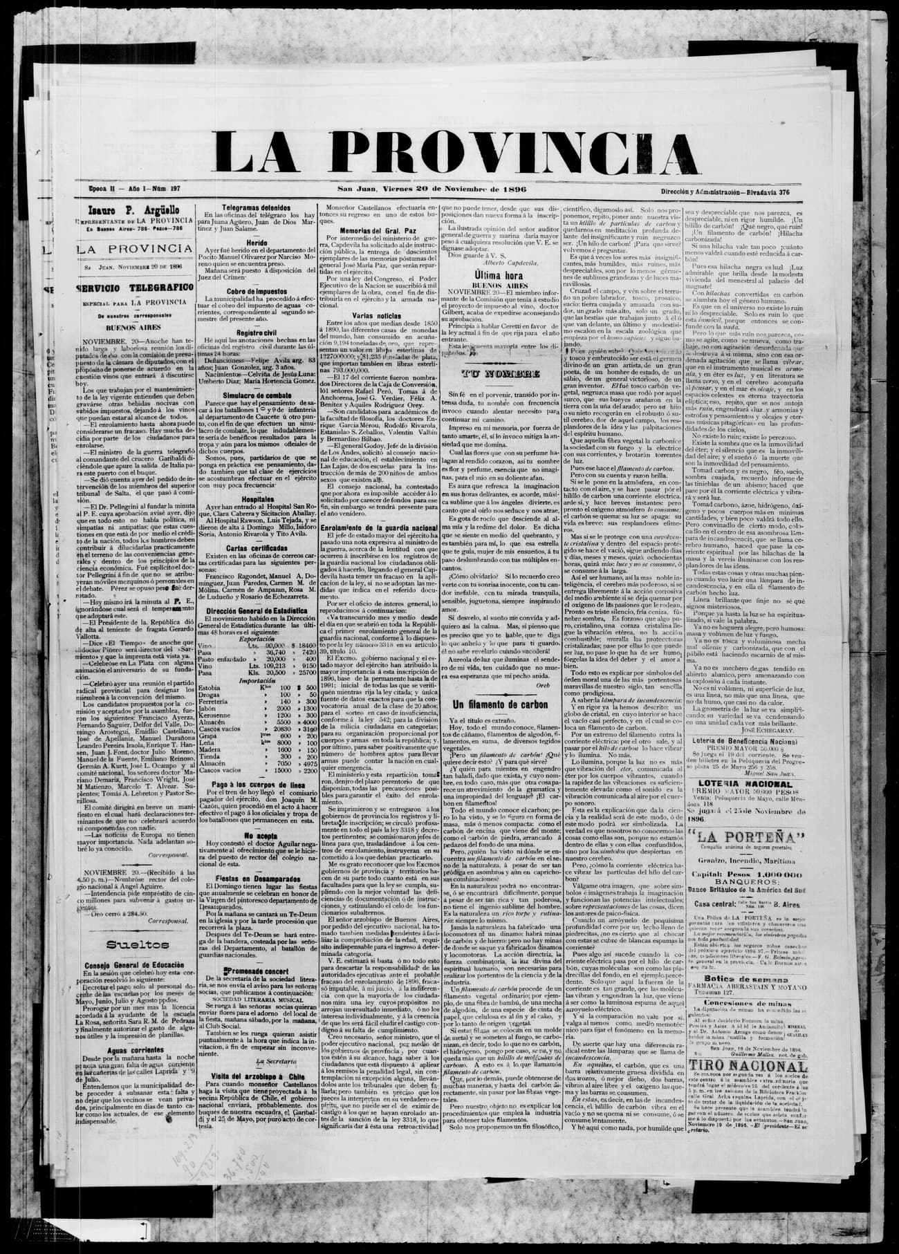 Portada · 20 de Noviembre de 1896