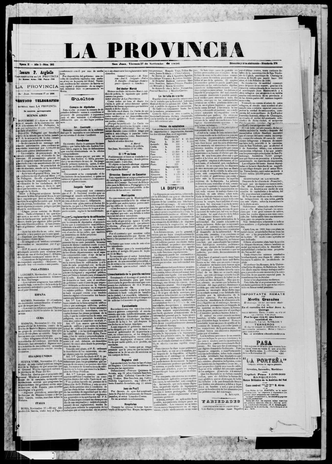 Portada · 27 de Noviembre de 1896