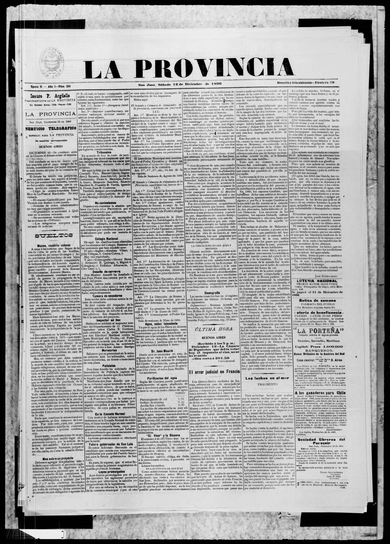 Portada · 12 de Diciembre de 1896