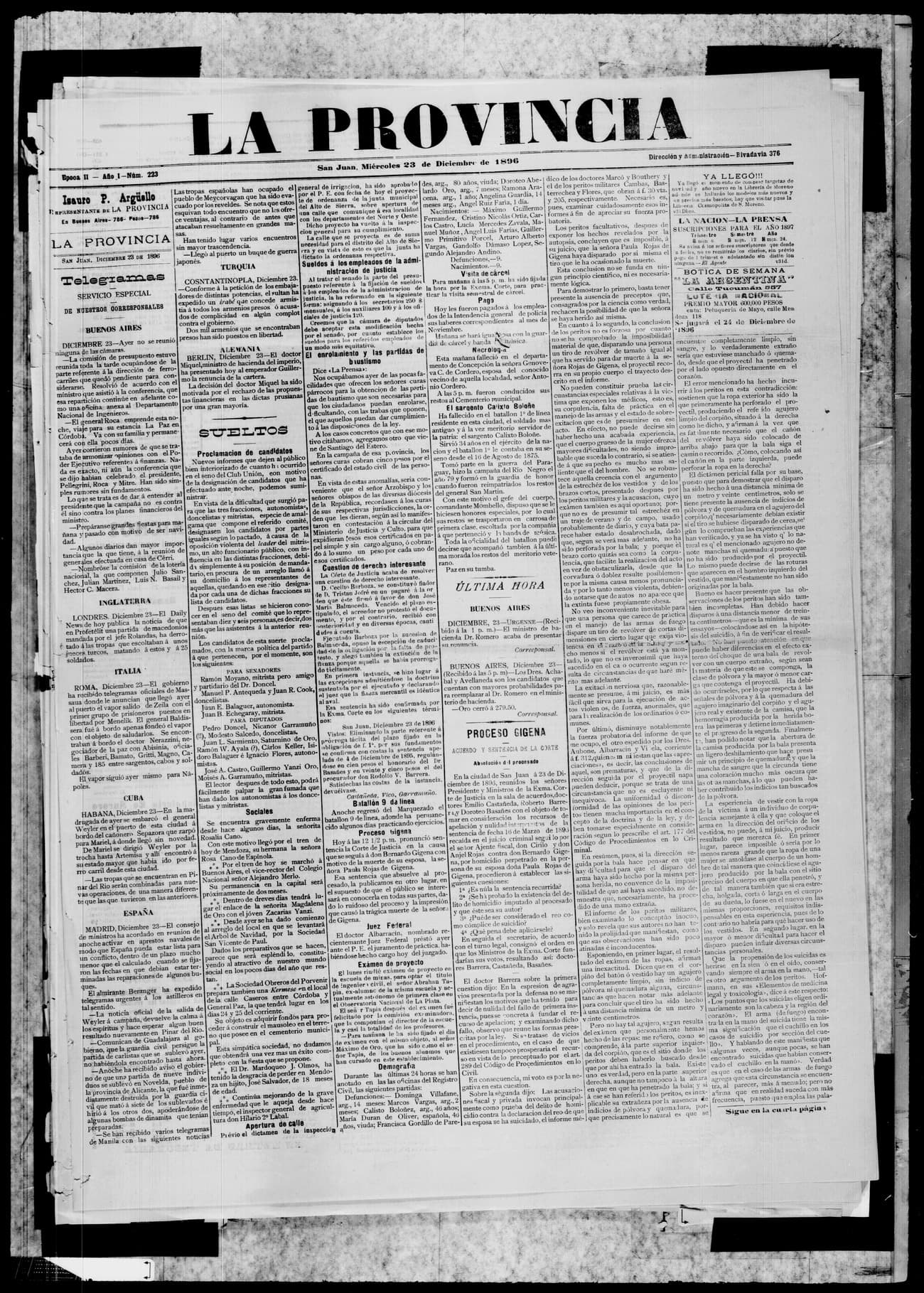 Portada · 23 de Diciembre de 1896