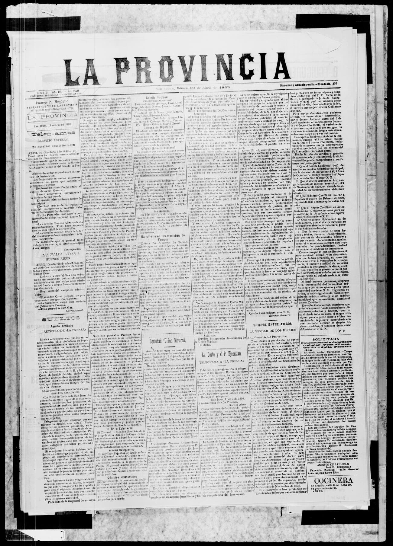 Portada · 10 de Abril de 1899