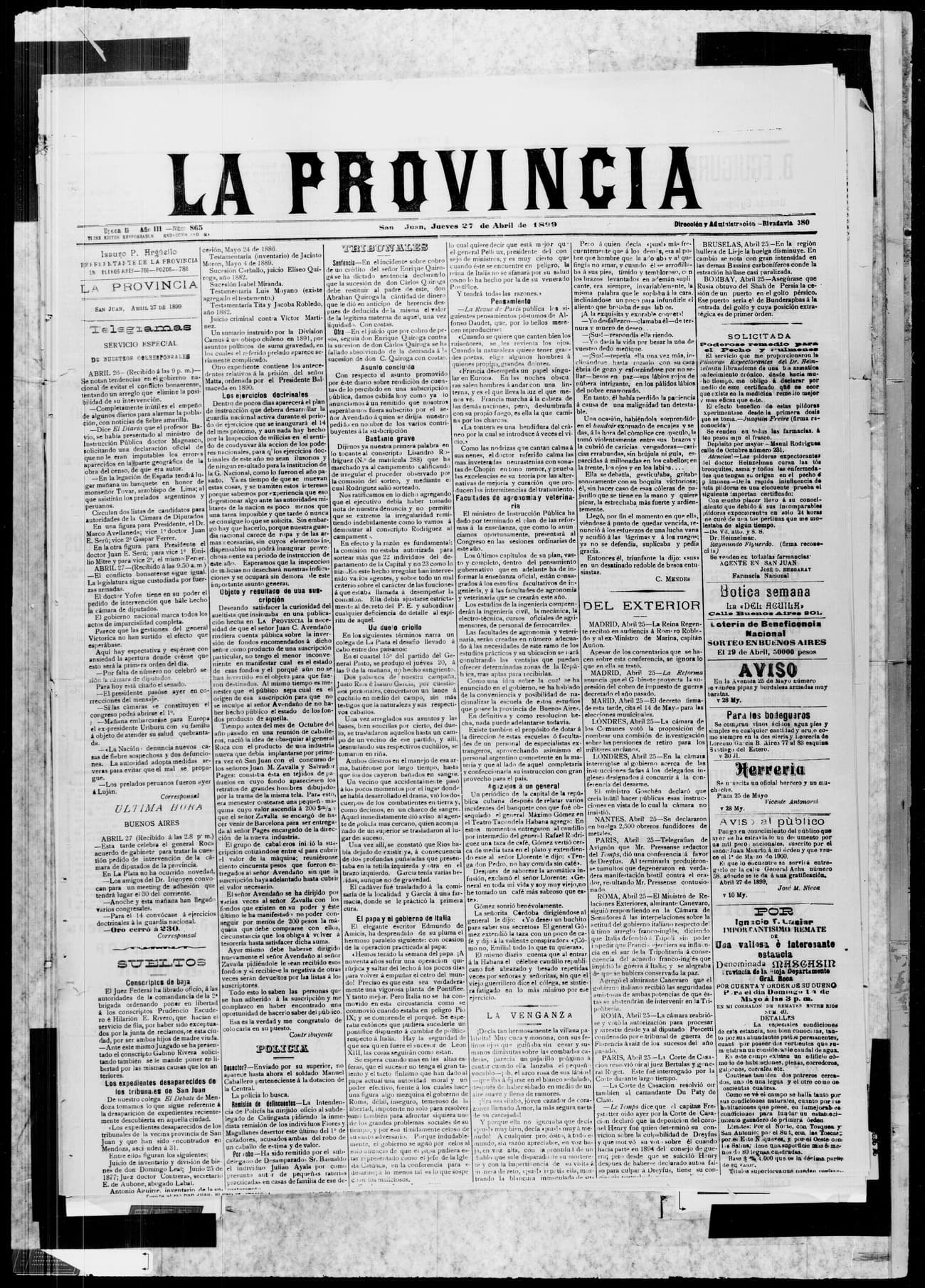 Portada · 27 de Abril de 1899