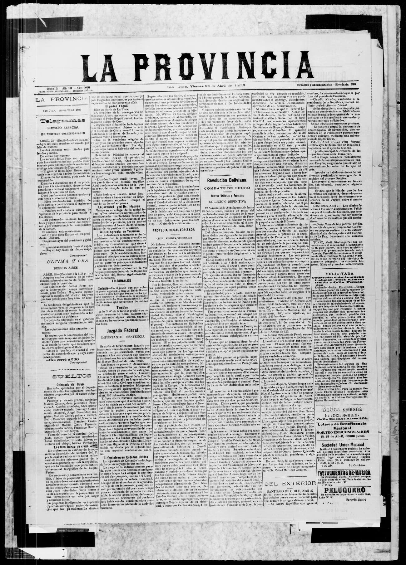 Portada · 28 de Abril de 1899