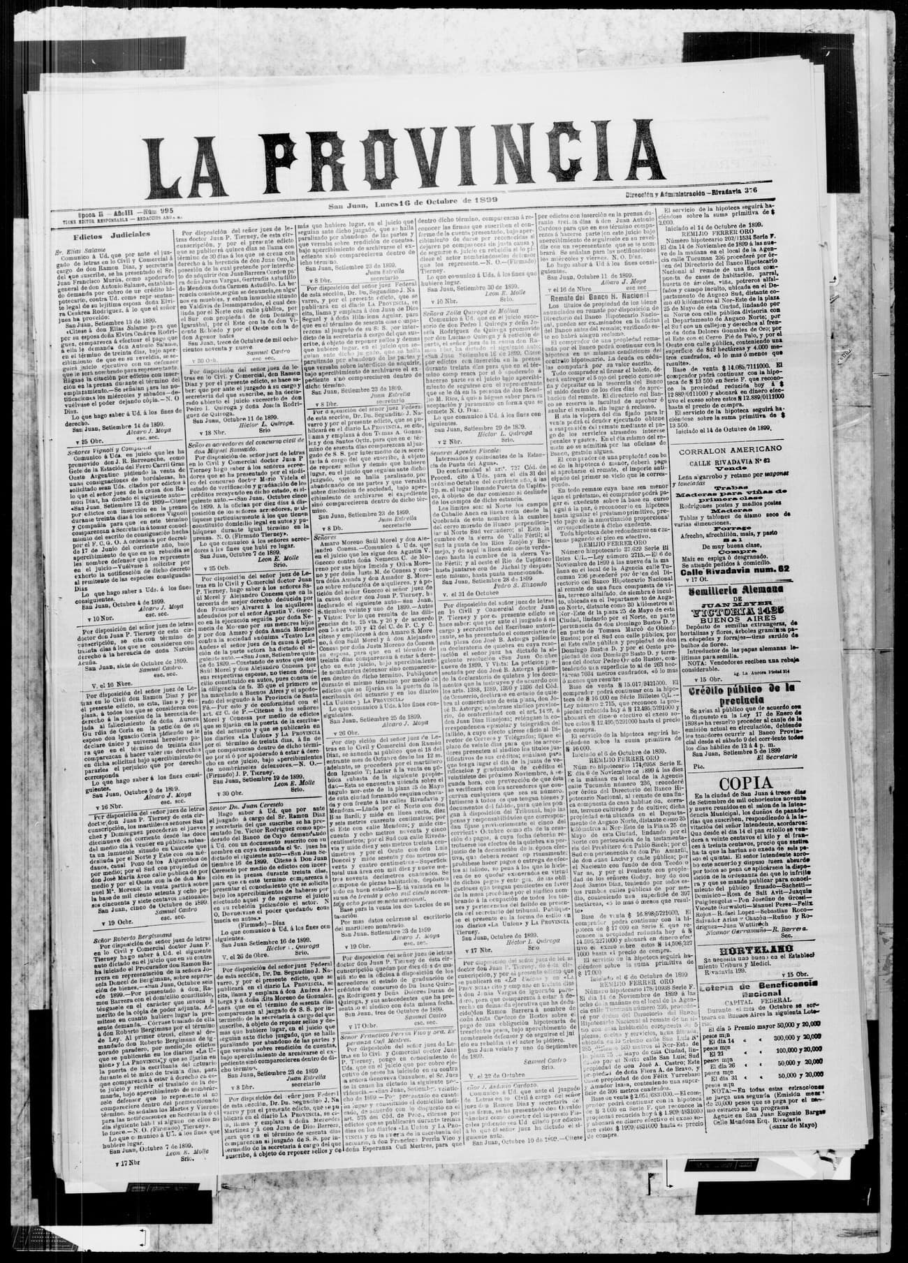 Portada · 16 de Octubre de 1899