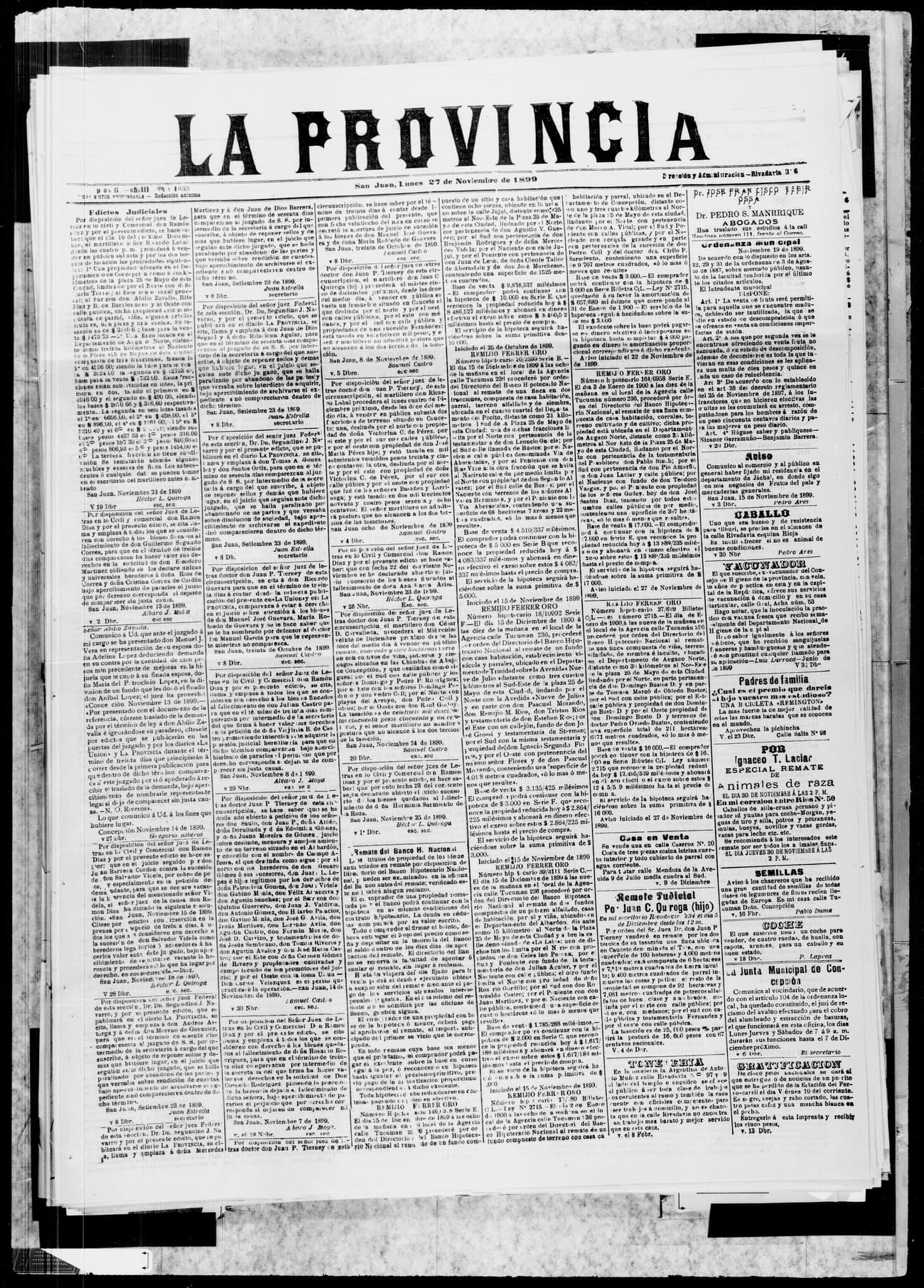 Portada · 27 de Noviembre de 1899
