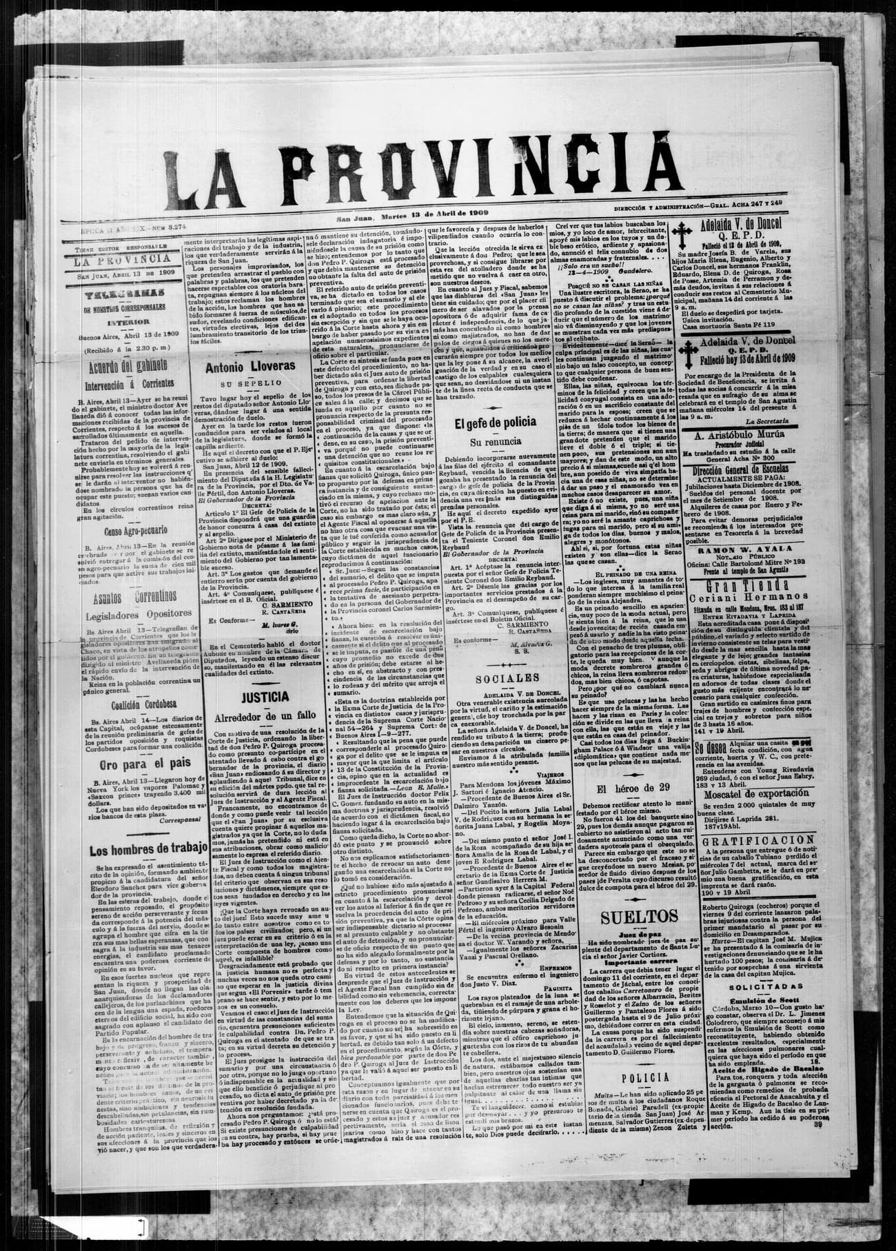 Portada · 13 de Abril de 1909