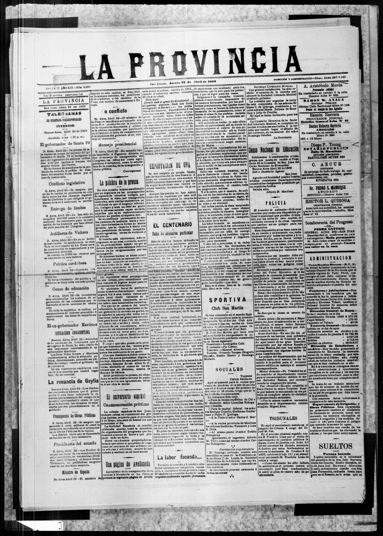 Portada · 22 de Abril de 1909