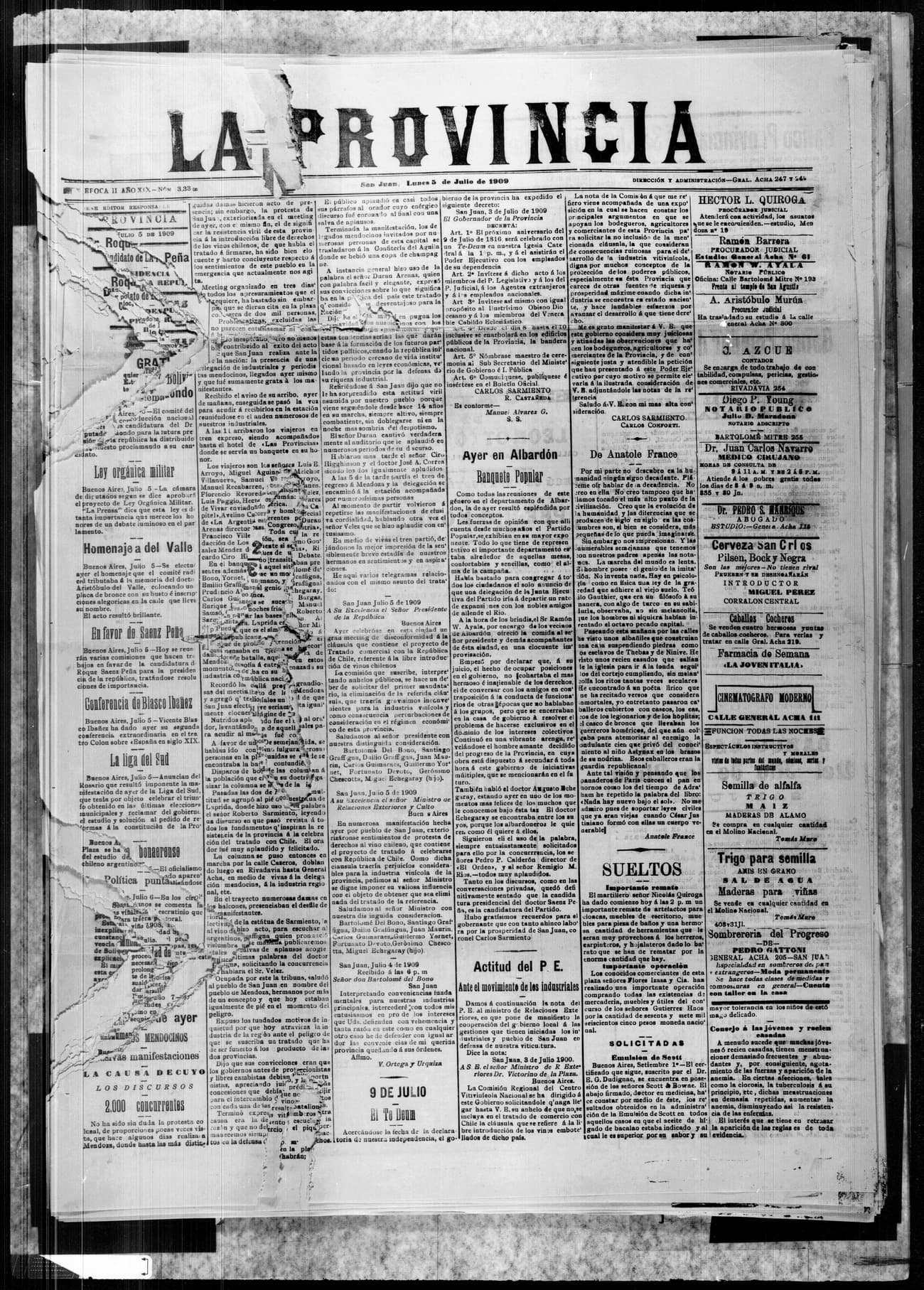 Portada · 5 de Julio de 1909