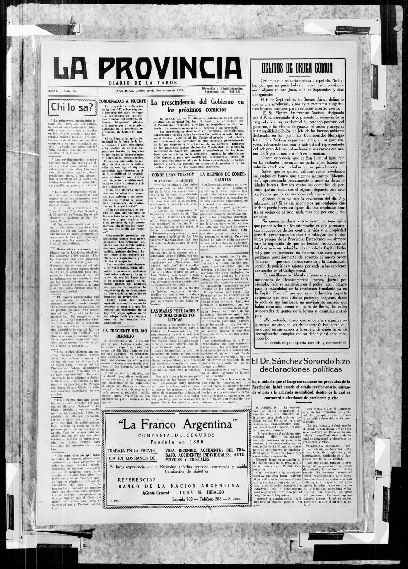 Portada · 20 de Noviembre de 1930