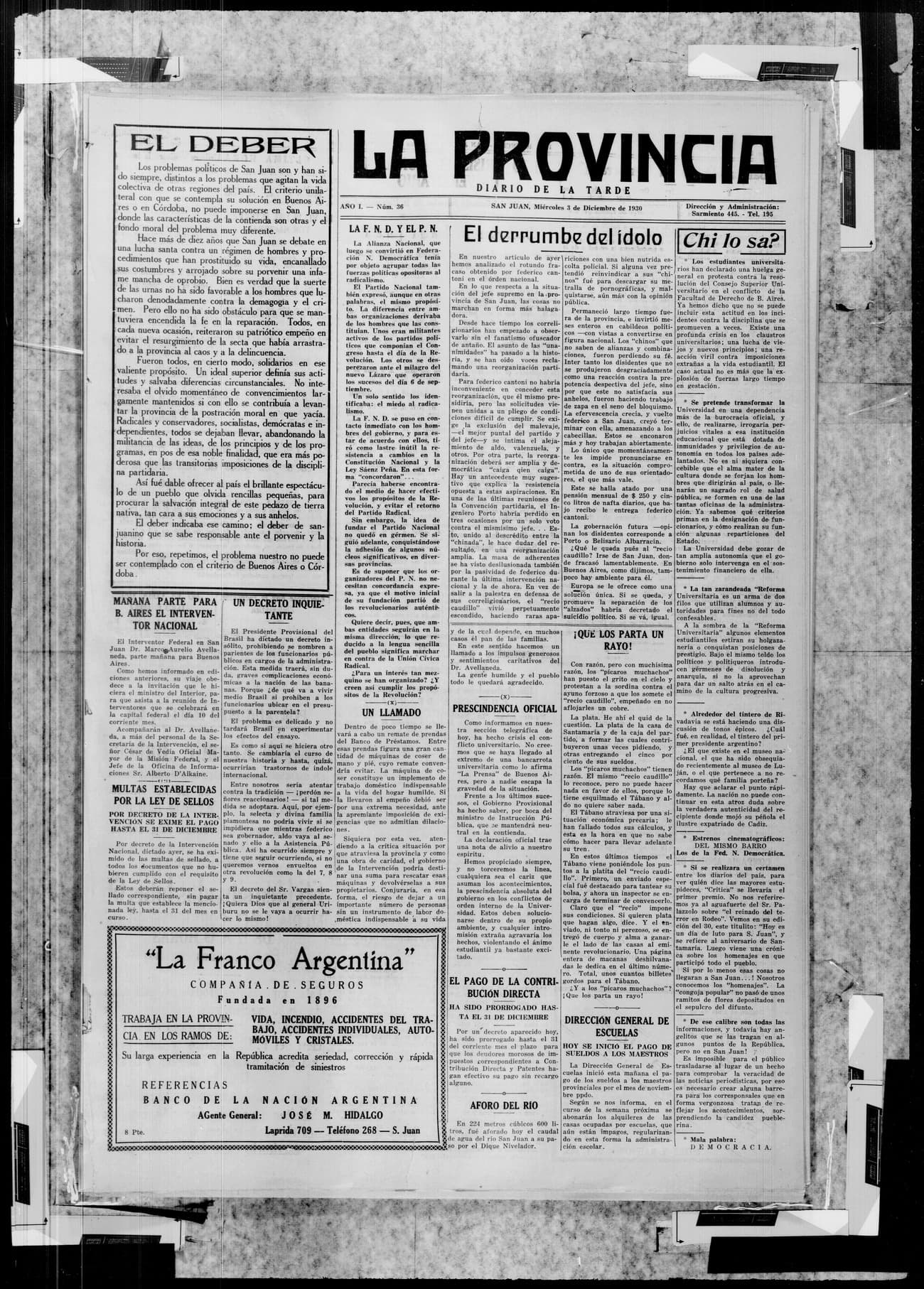 Portada · 3 de Diciembre de 1930