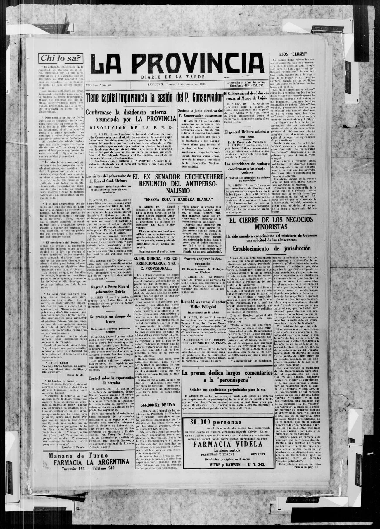 Portada · 19 de Enero de 1931