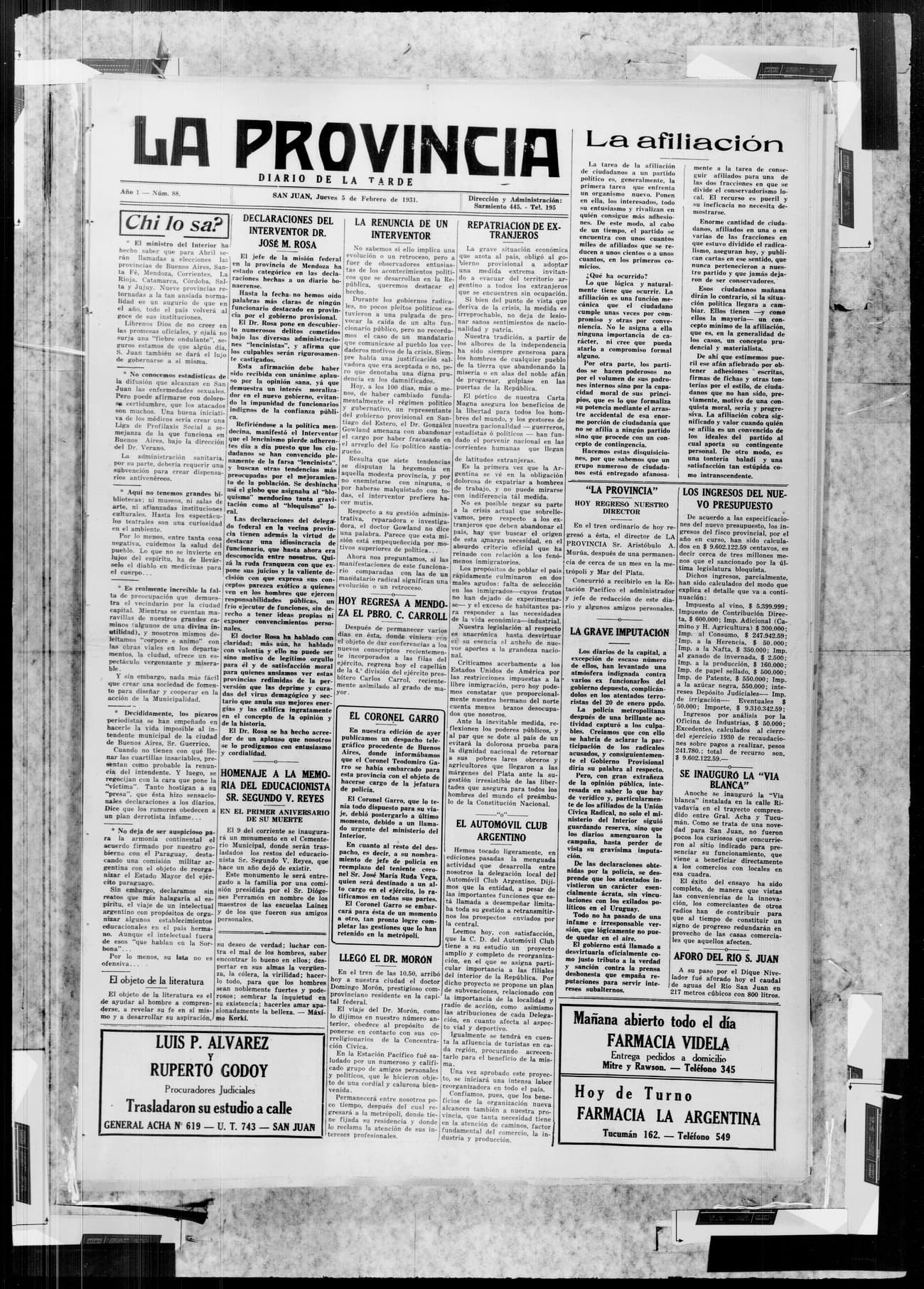 Portada · 5 de Febrero de 1931