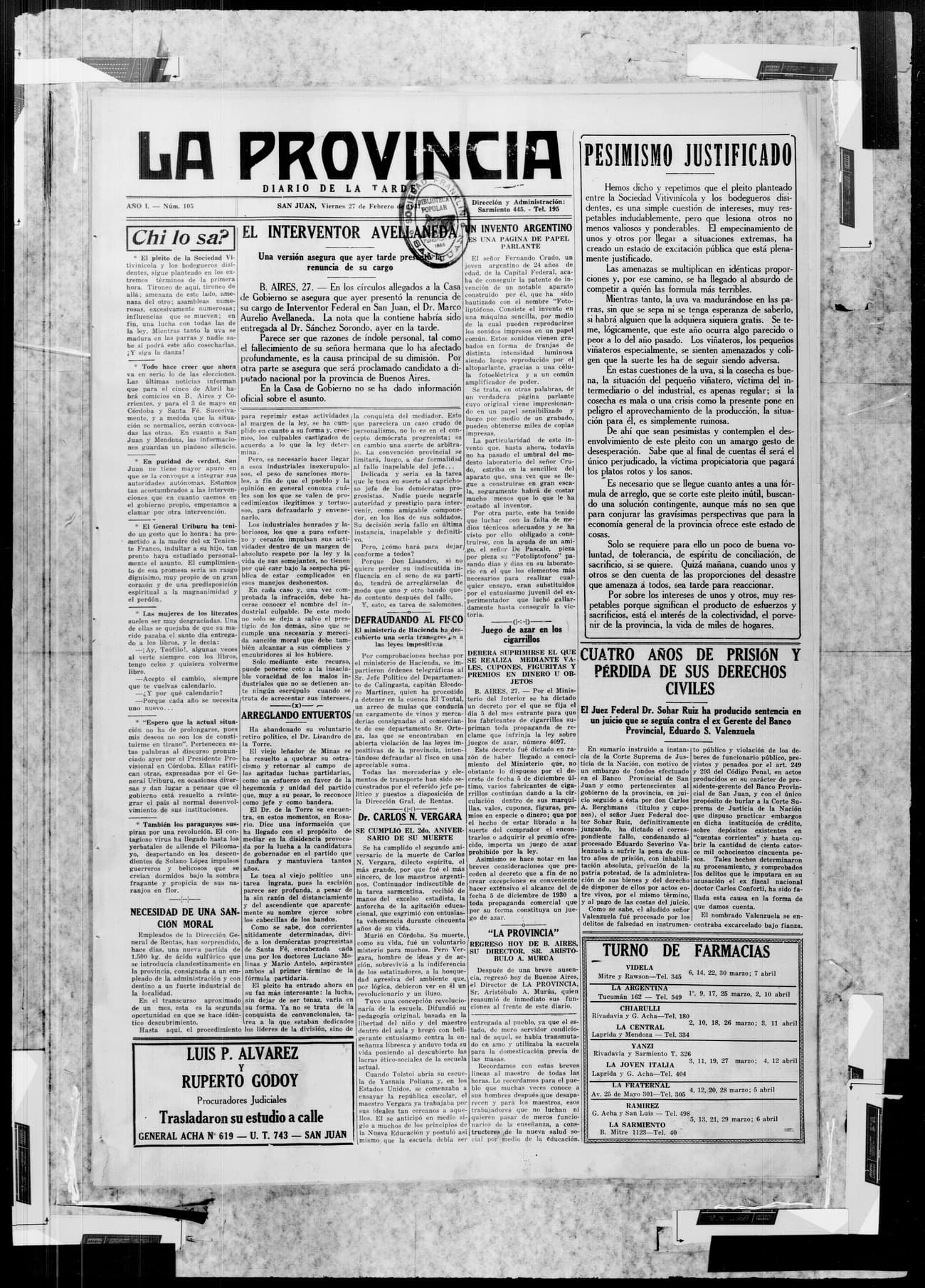 Portada · 27 de Febrero de 1931
