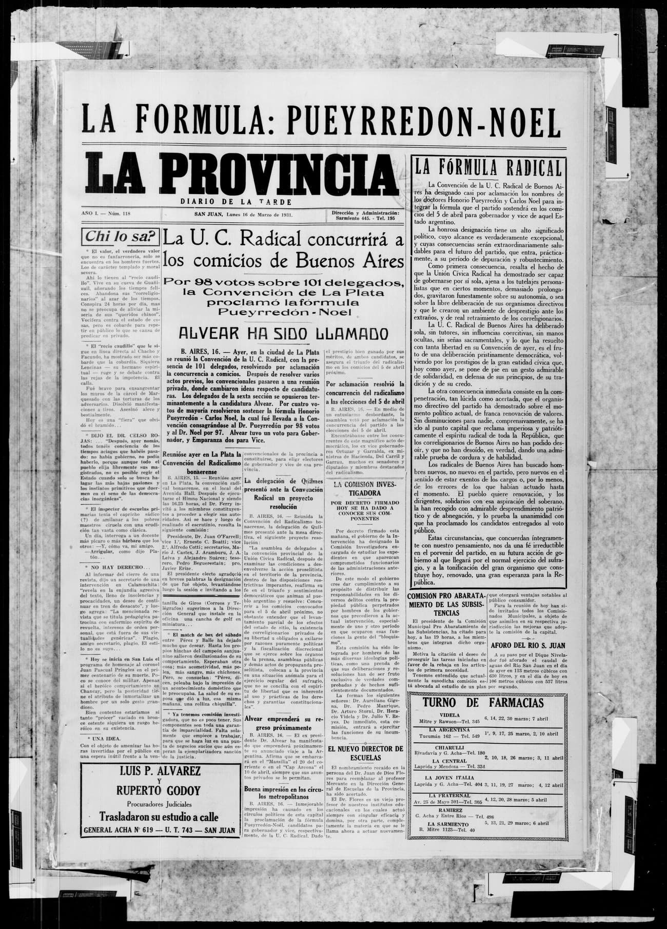 Portada · 16 de Marzo de 1931