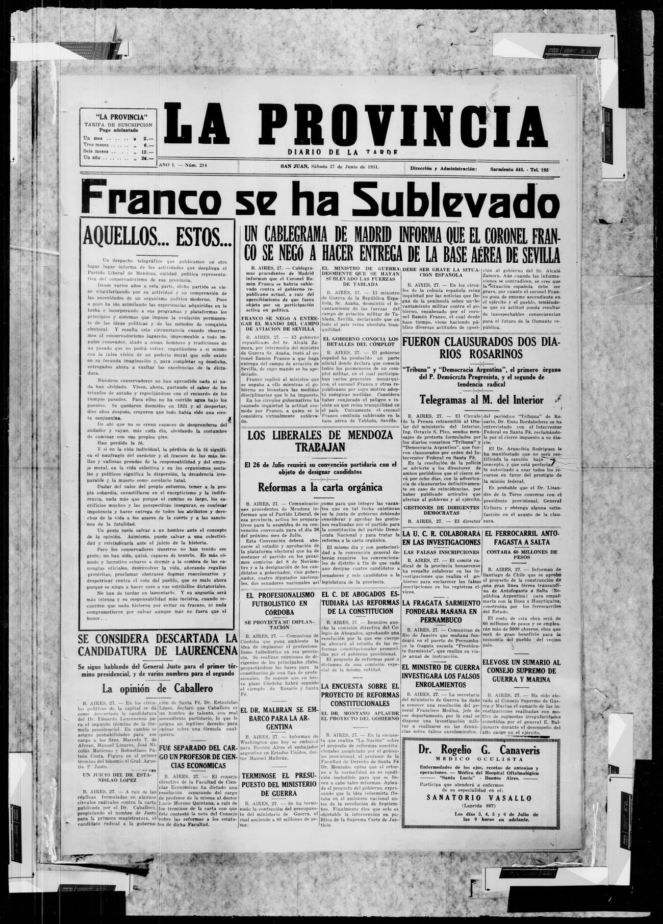 Portada · 27 de Junio de 1931