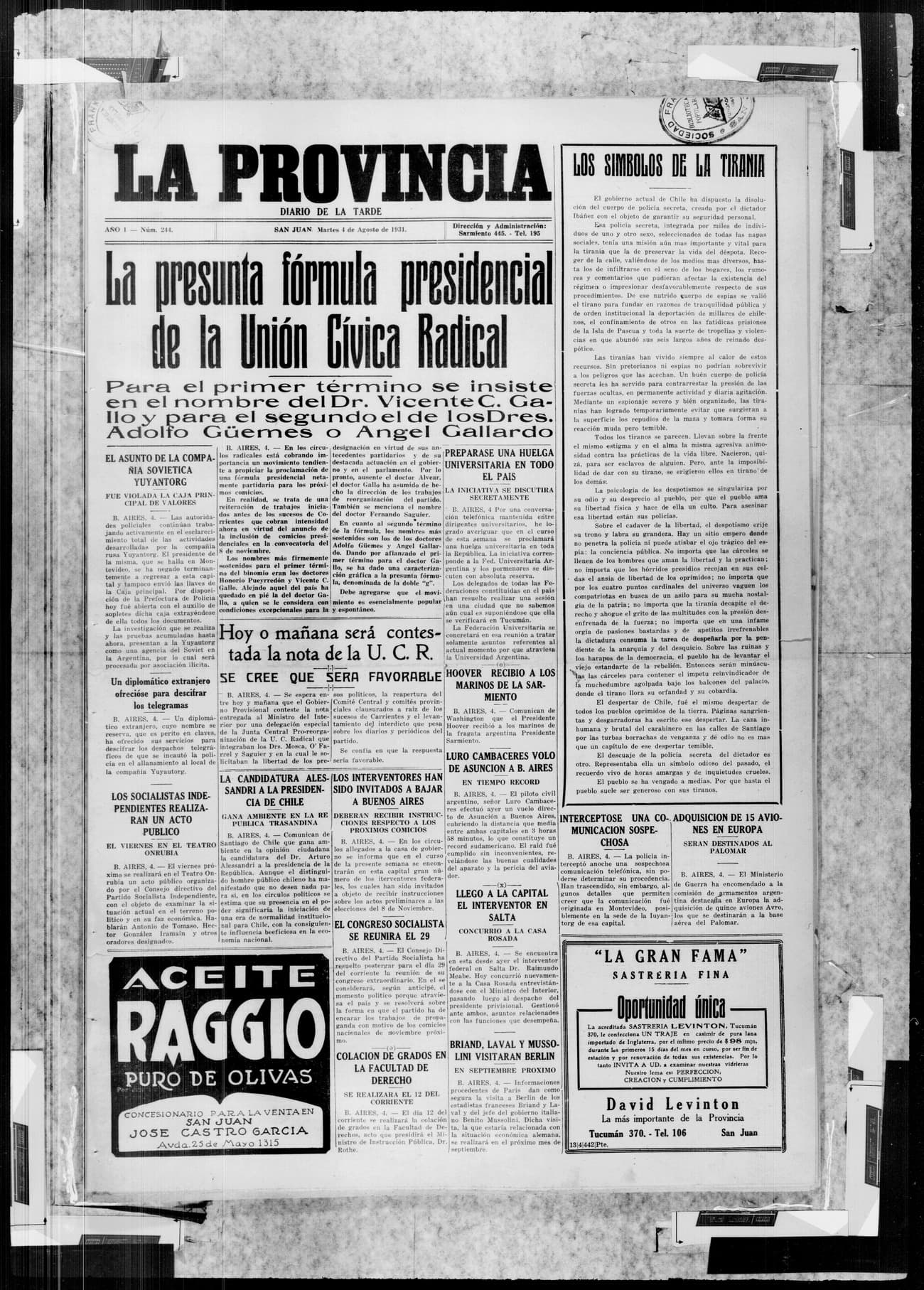 Portada · 4 de Agosto de 1931