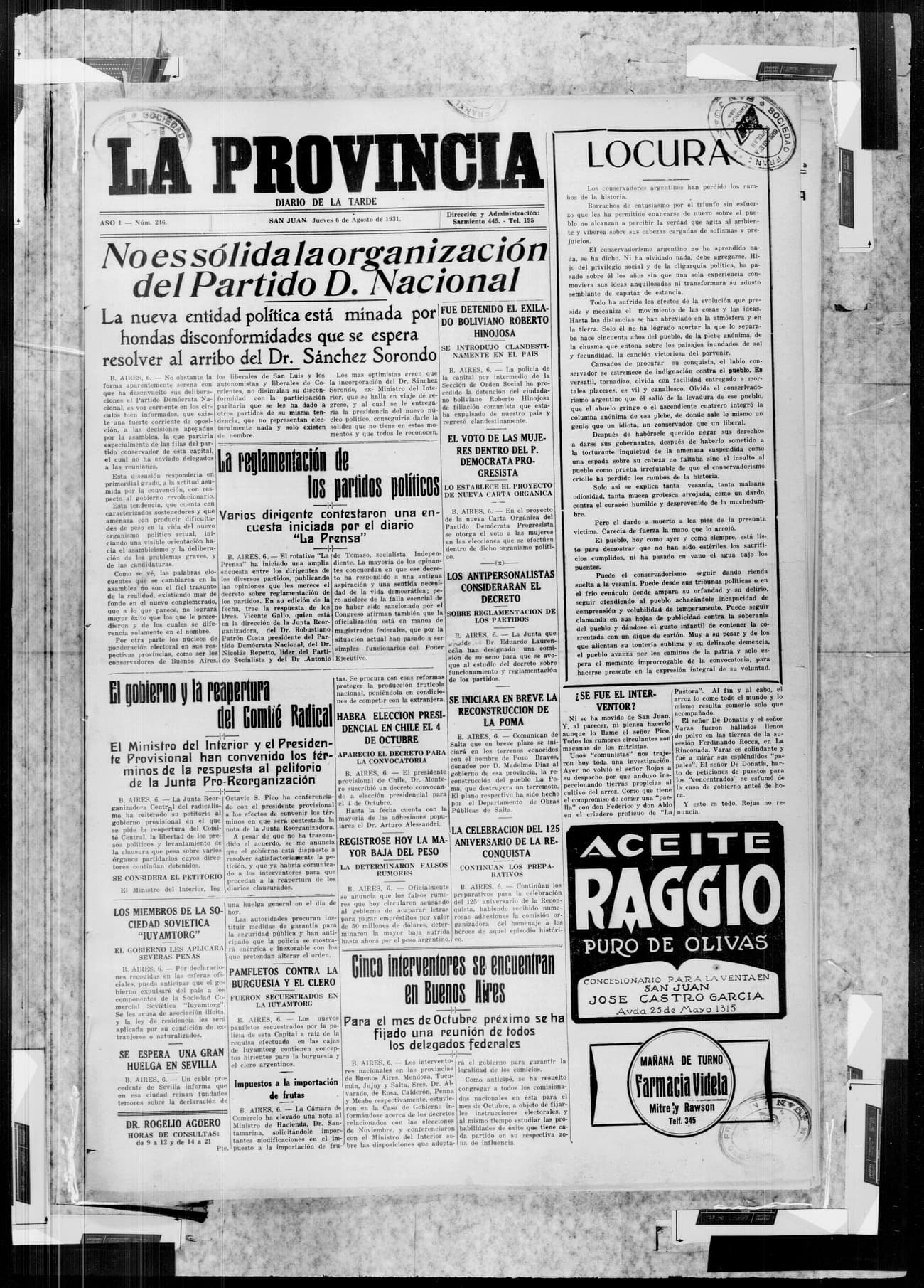 Portada · 6 de Agosto de 1931